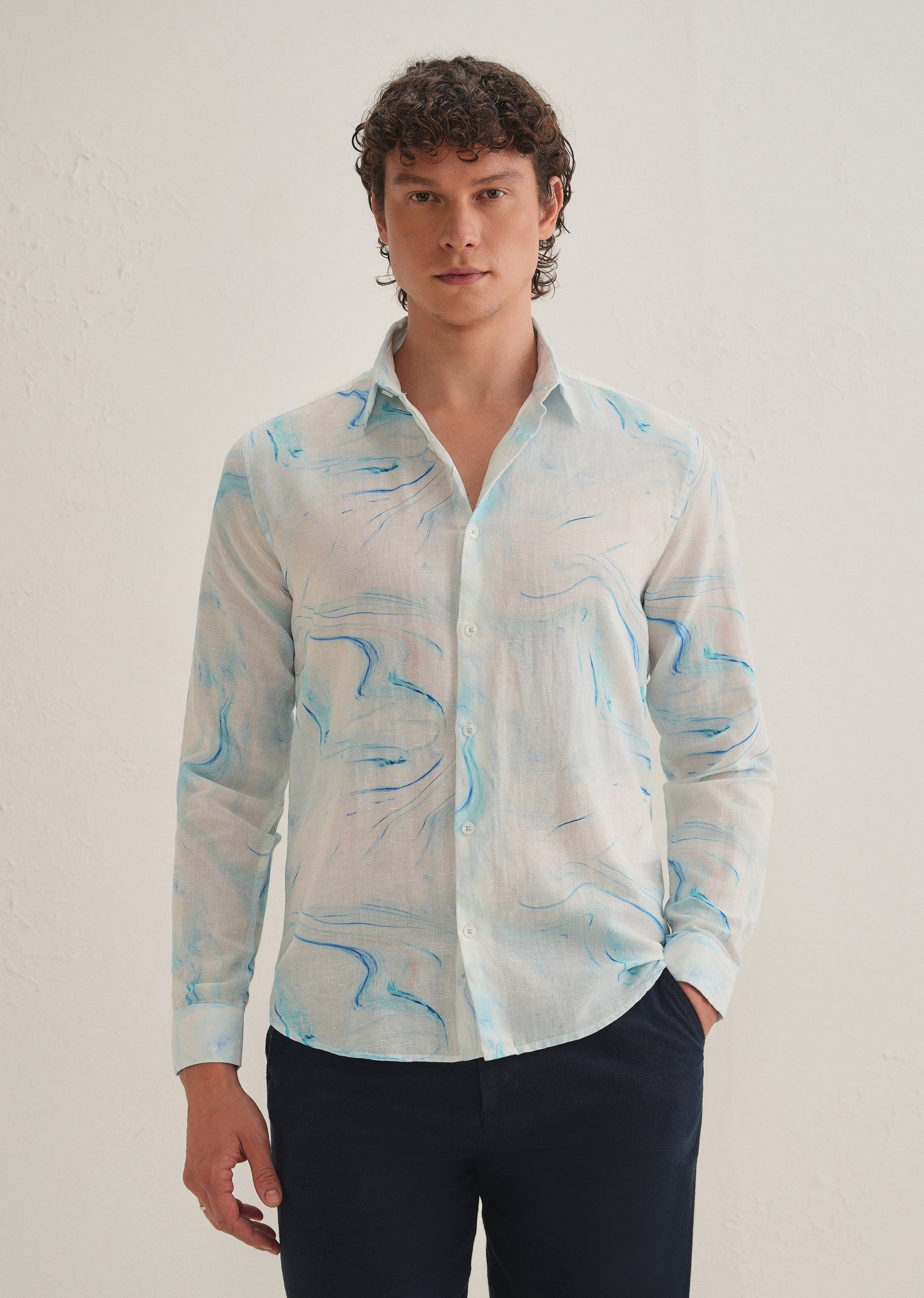 Blue Marble Printed Cotton Linen Shirt