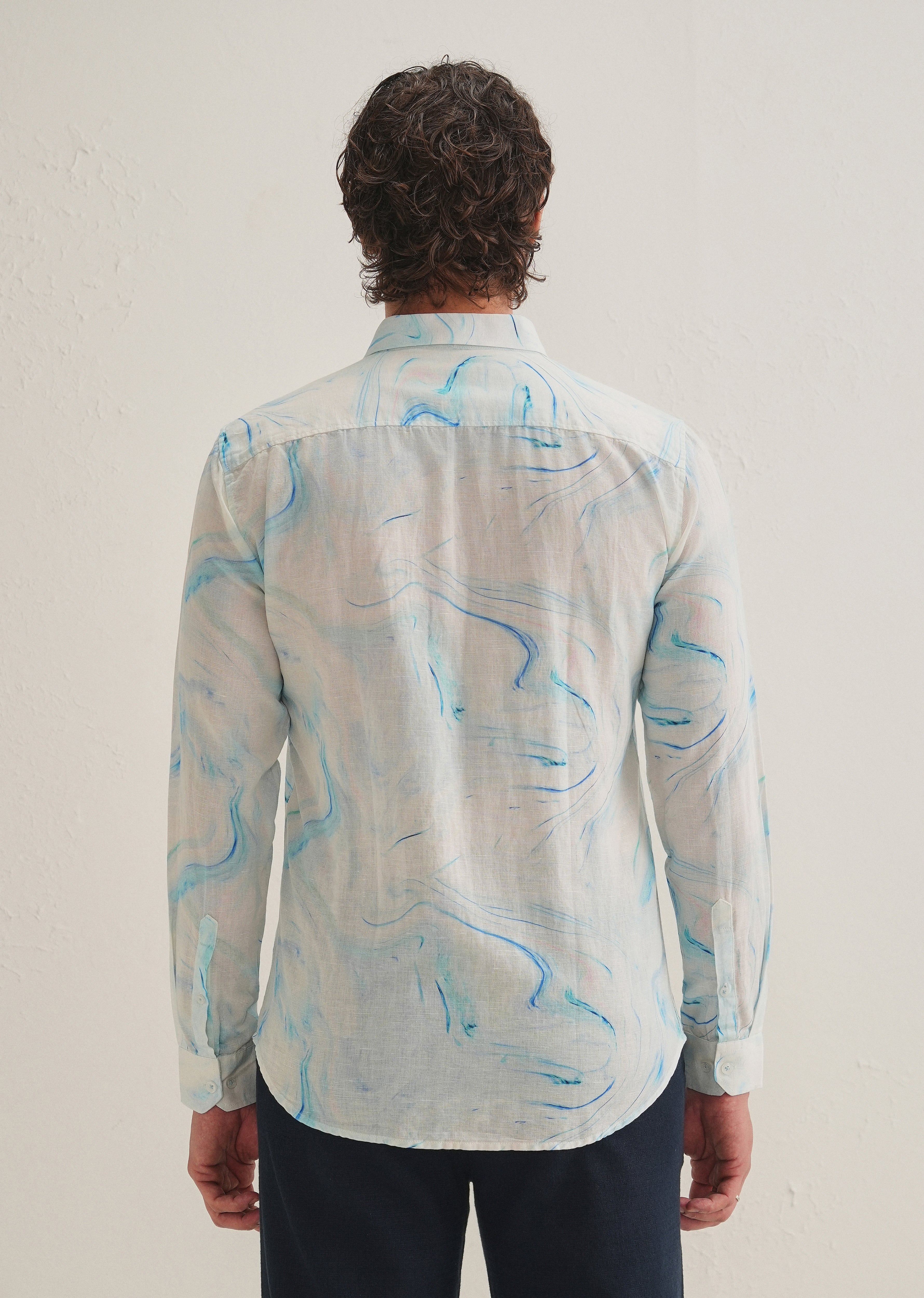 Blue Marble Printed Cotton Linen Shirt