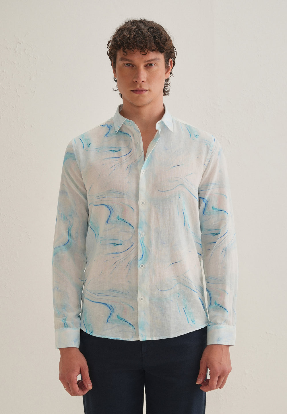 Blue Marble Printed Cotton Linen Shirt
