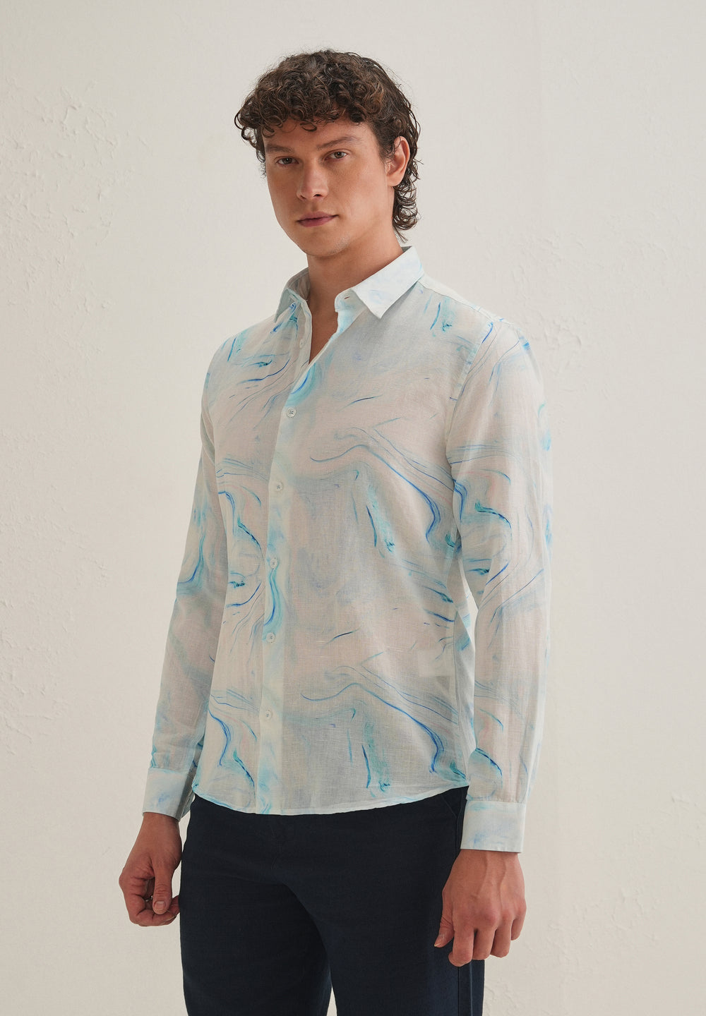 Blue Marble Printed Cotton Linen Shirt