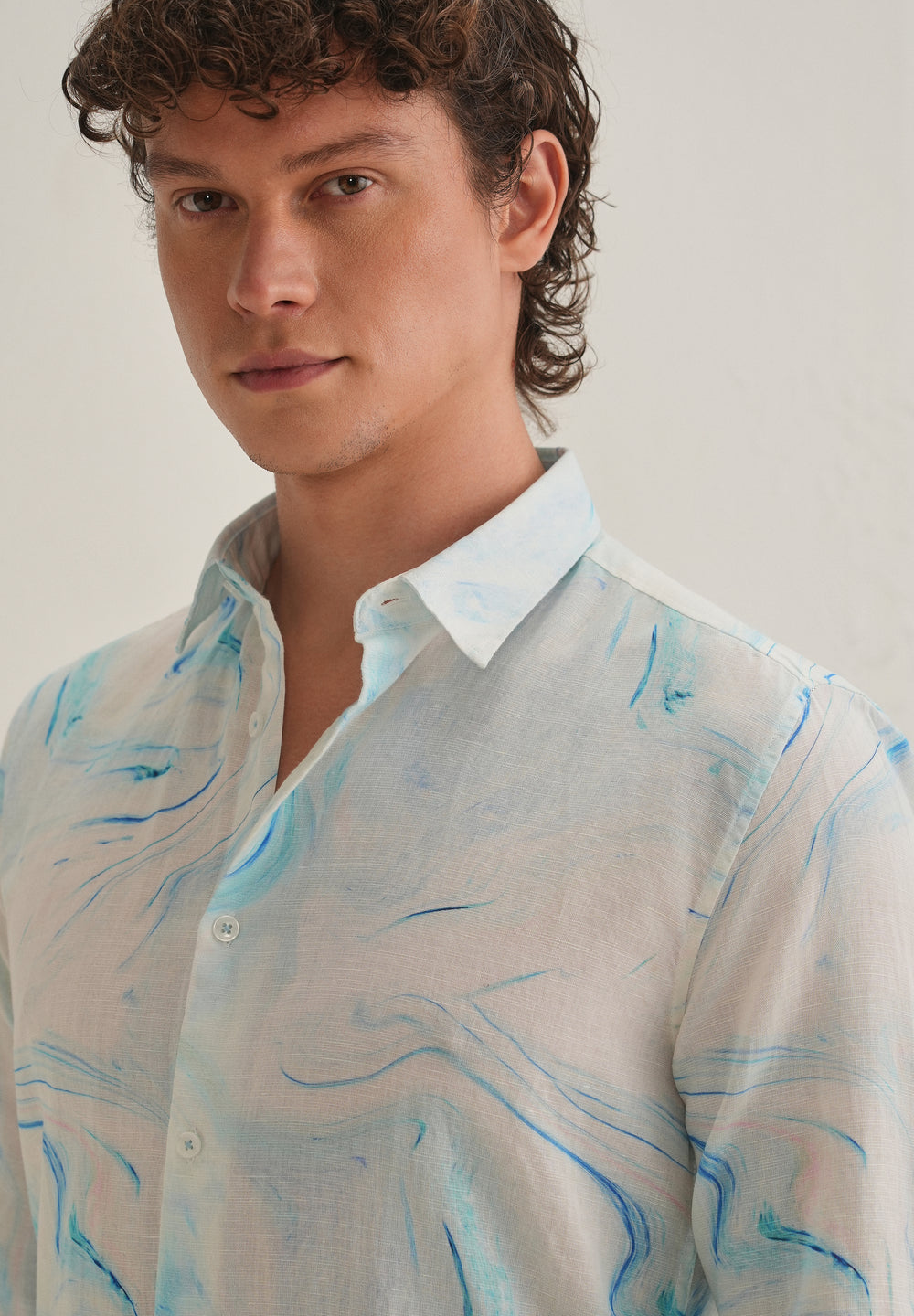 Blue Marble Printed Cotton Linen Shirt