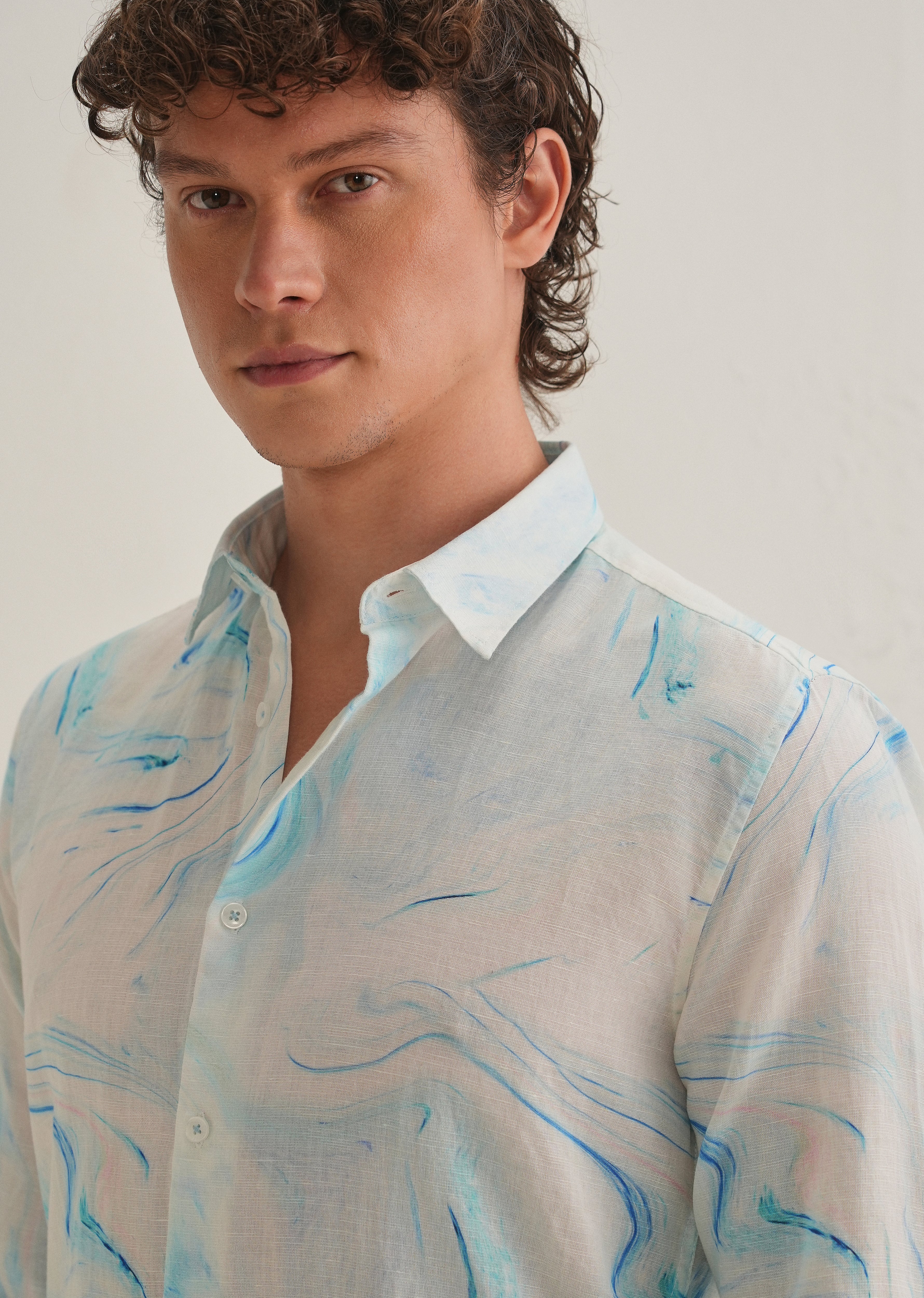 Blue Marble Printed Cotton Linen Shirt