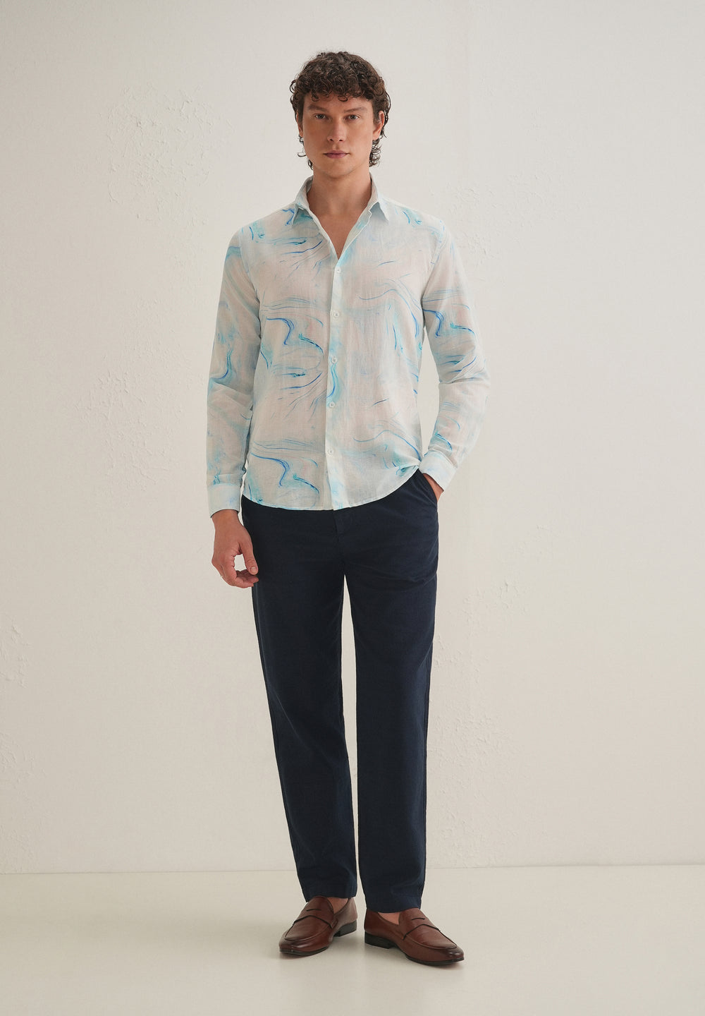 Blue Marble Printed Cotton Linen Shirt