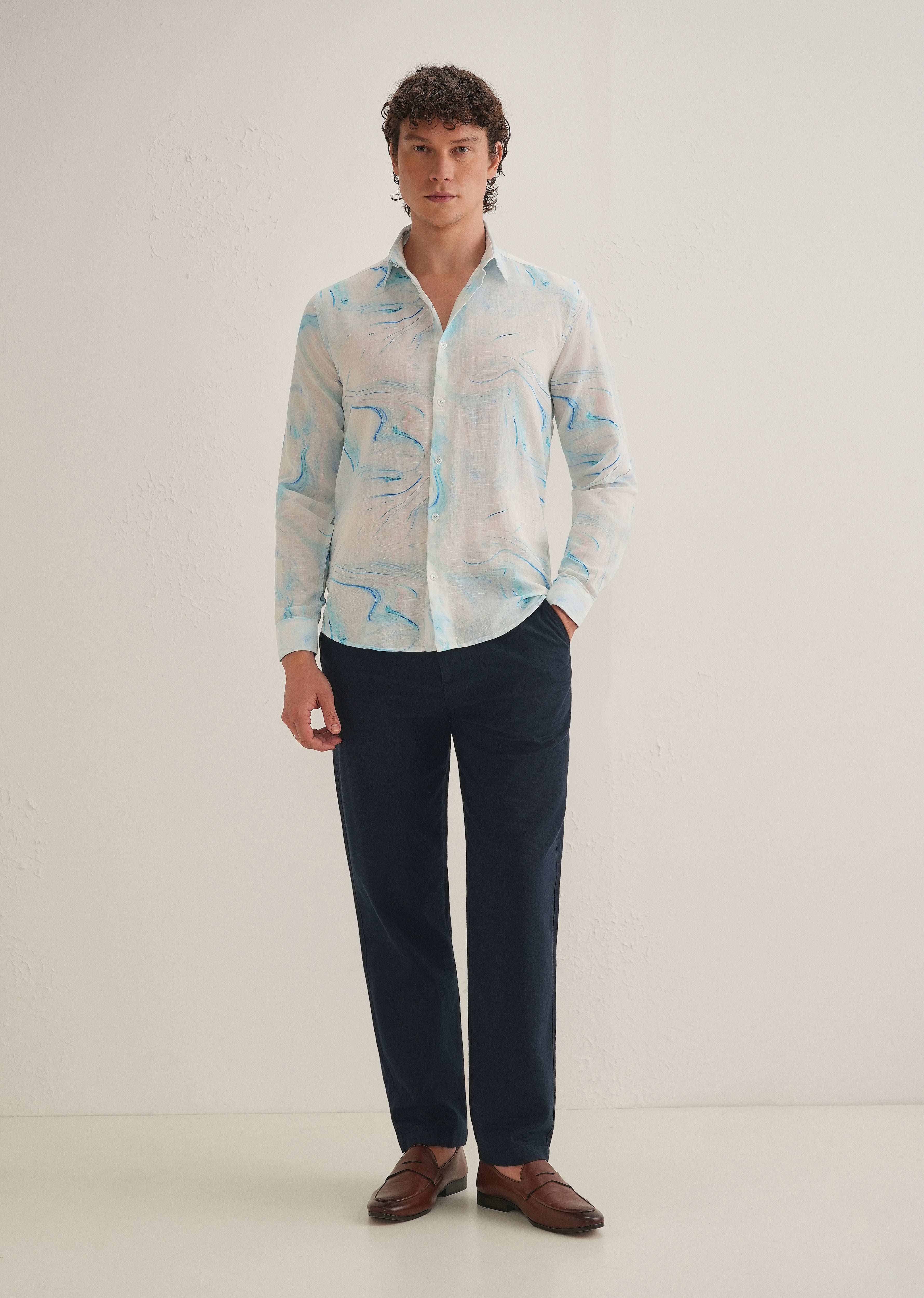 Blue Marble Printed Cotton Linen Shirt
