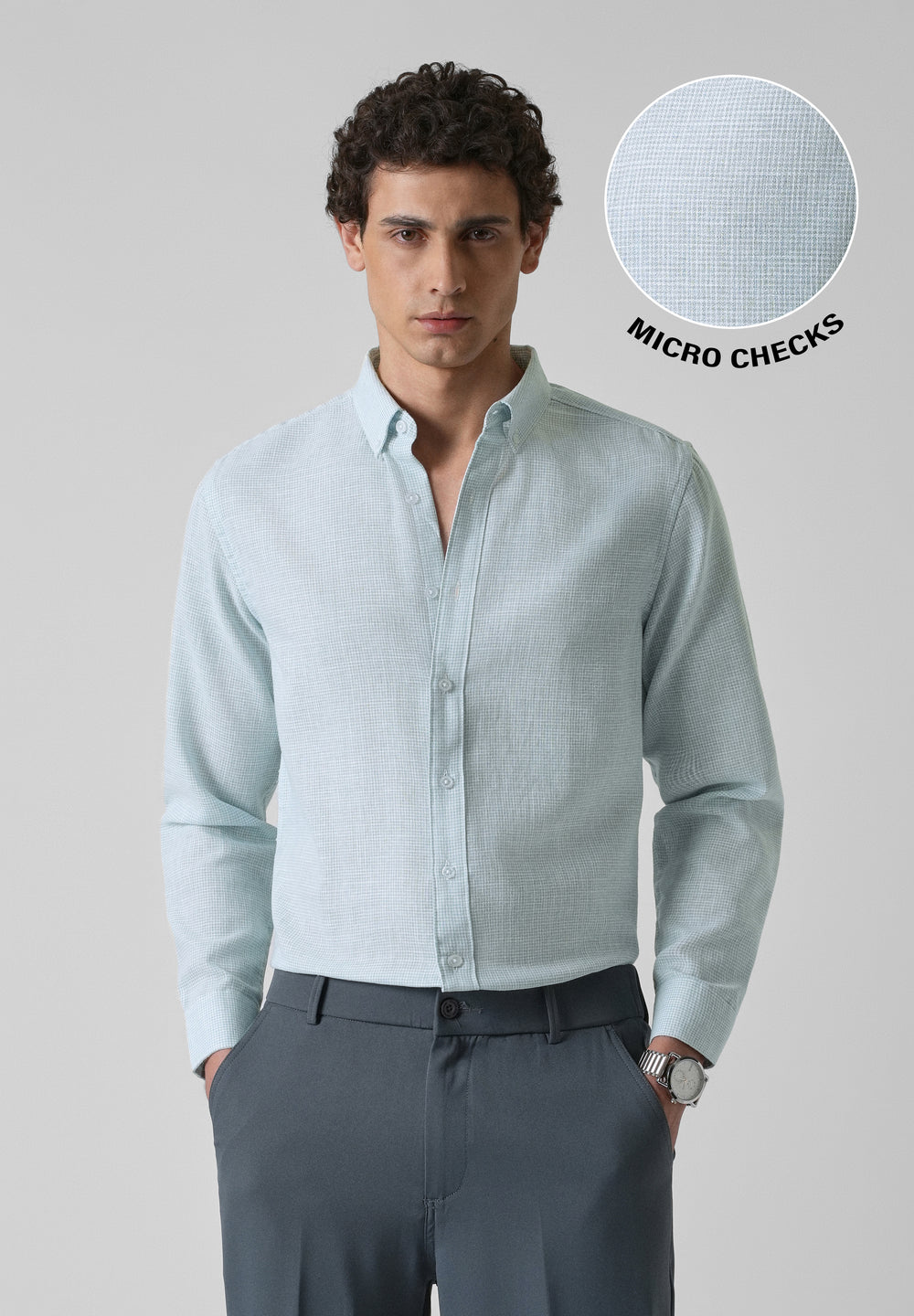 Blue Micro Checks Blended Cotton Shirt