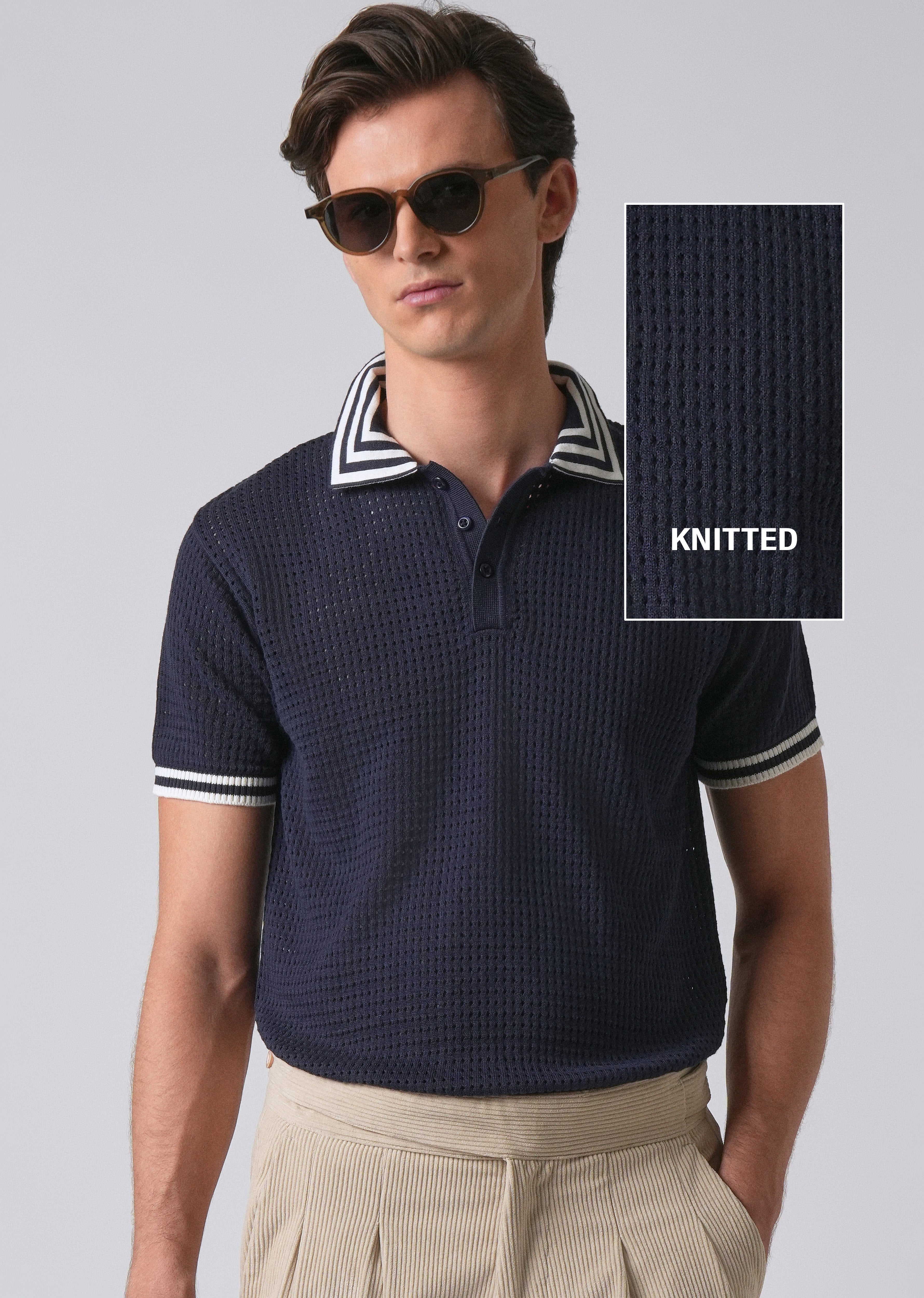 Blue Open Knitted Polo T-shirt