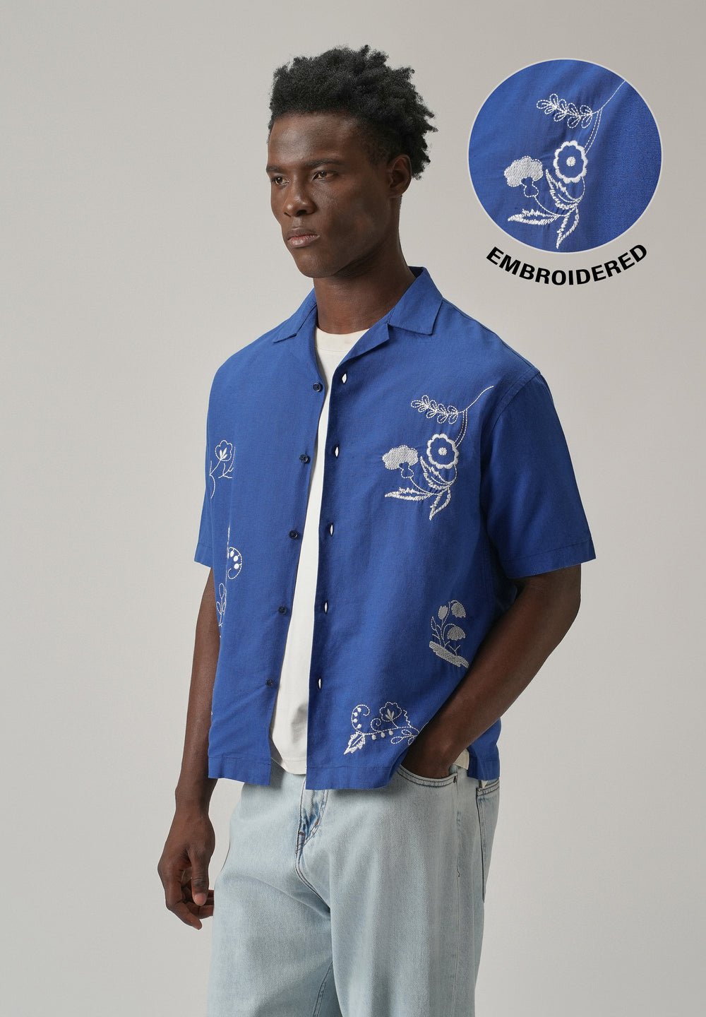 Blue Pattern Embroidery Linen Shirt