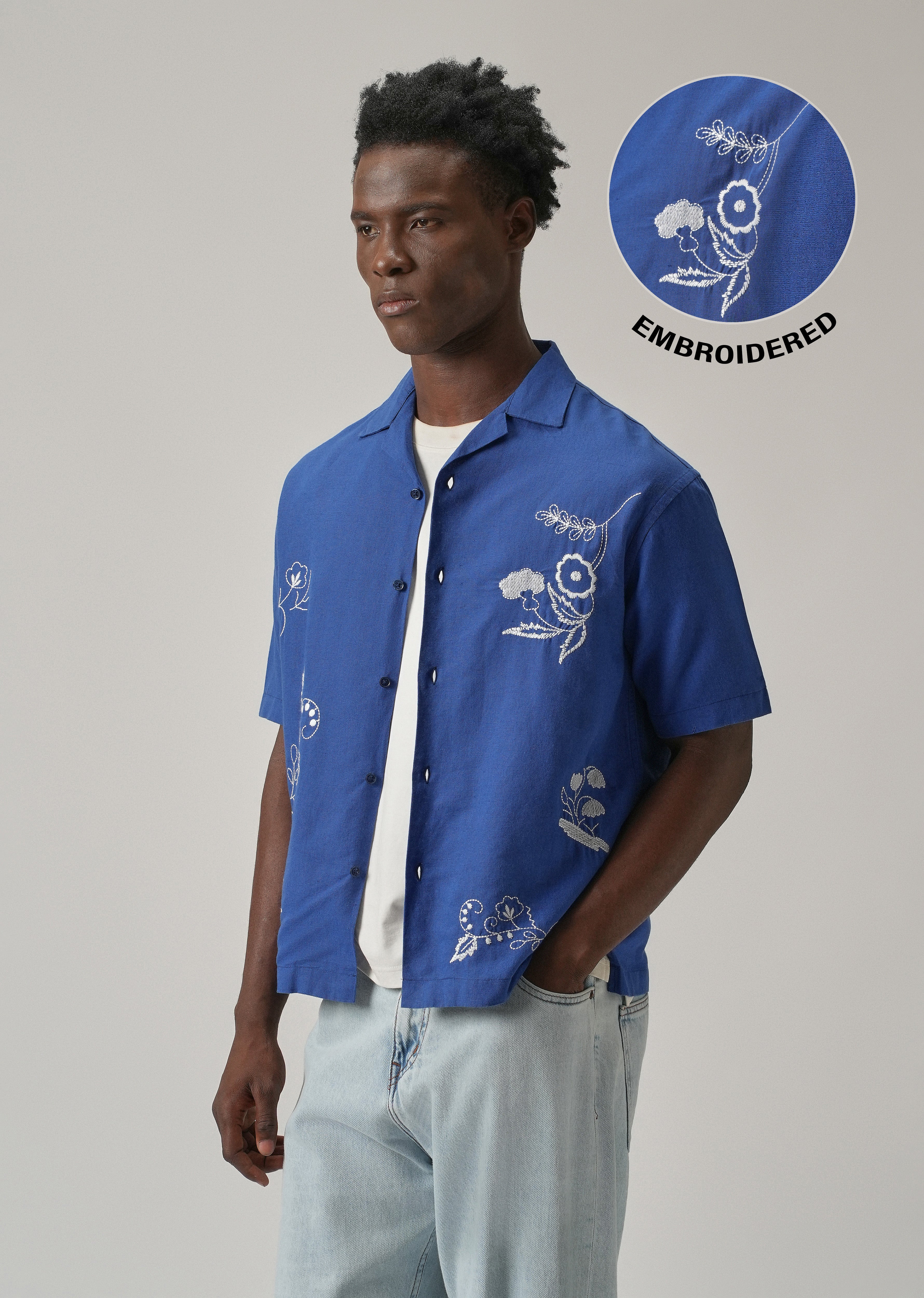 Blue Pattern Embroidery Linen Shirt