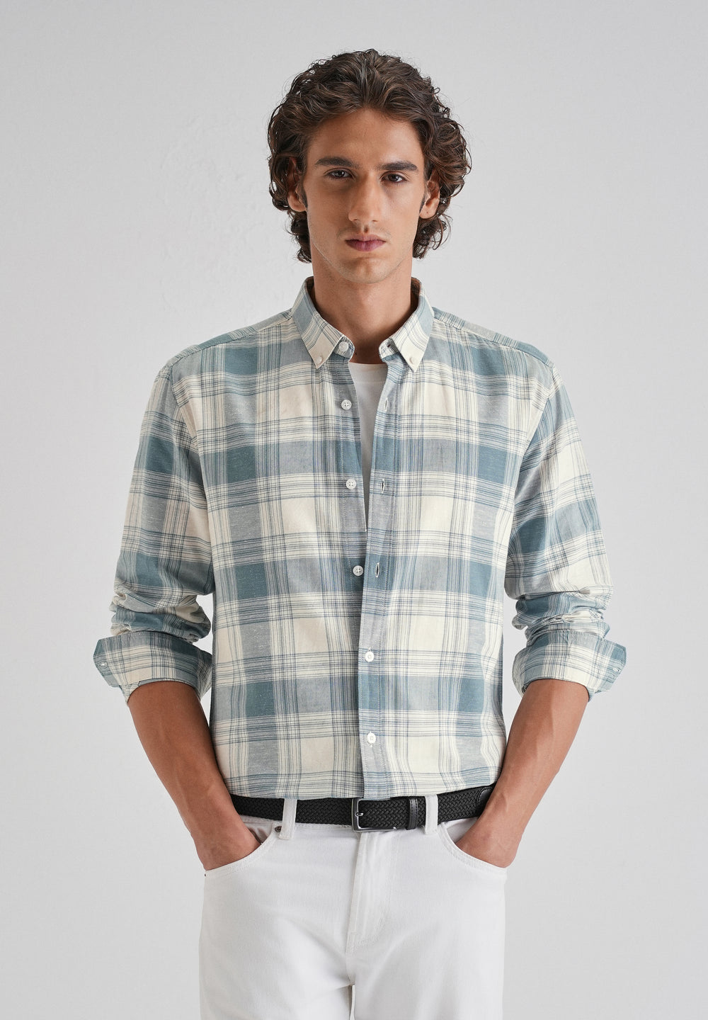 Blue Plaid Checked Cotton Linen Shirt
