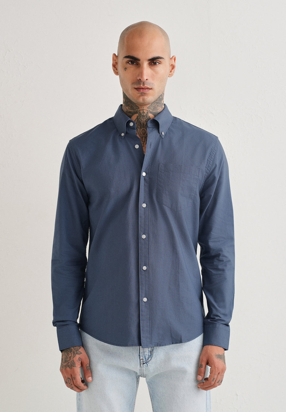 Blue Plain Cotton Oxford Shirt