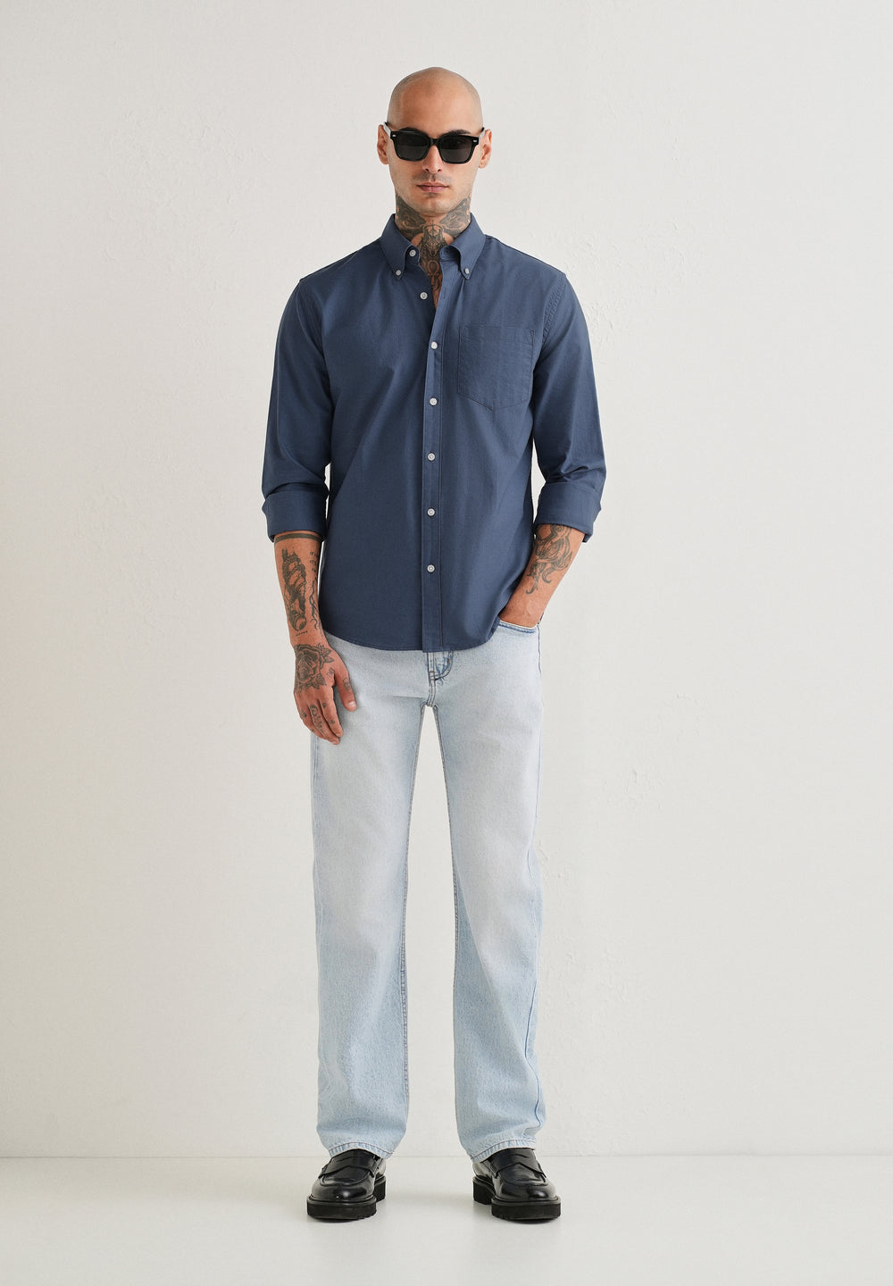 Blue Plain Cotton Oxford Shirt