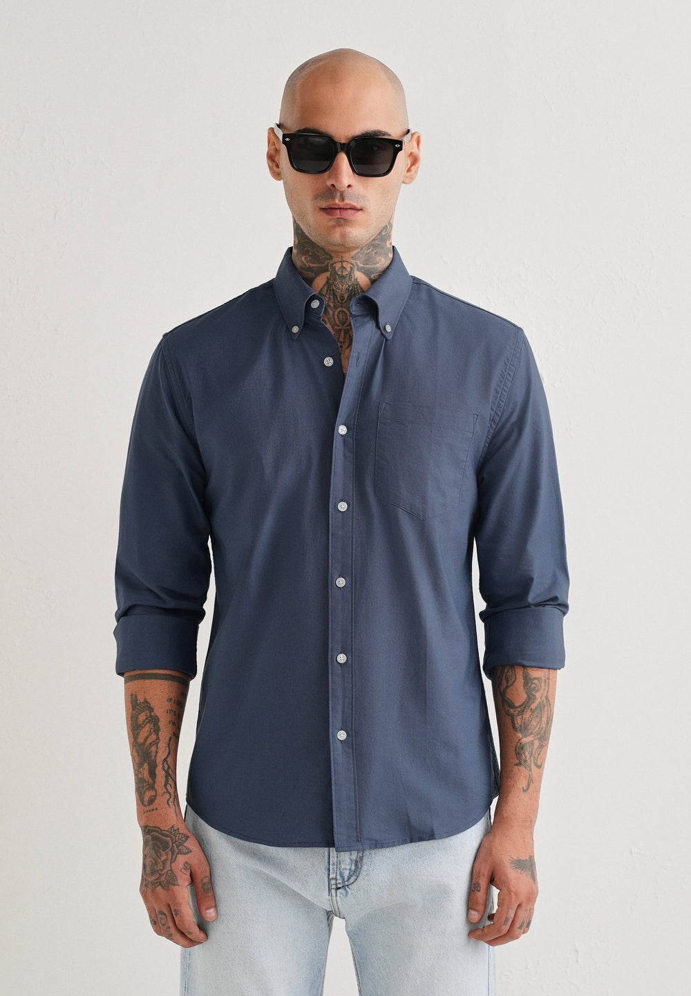 Blue Plain Cotton Oxford Shirt