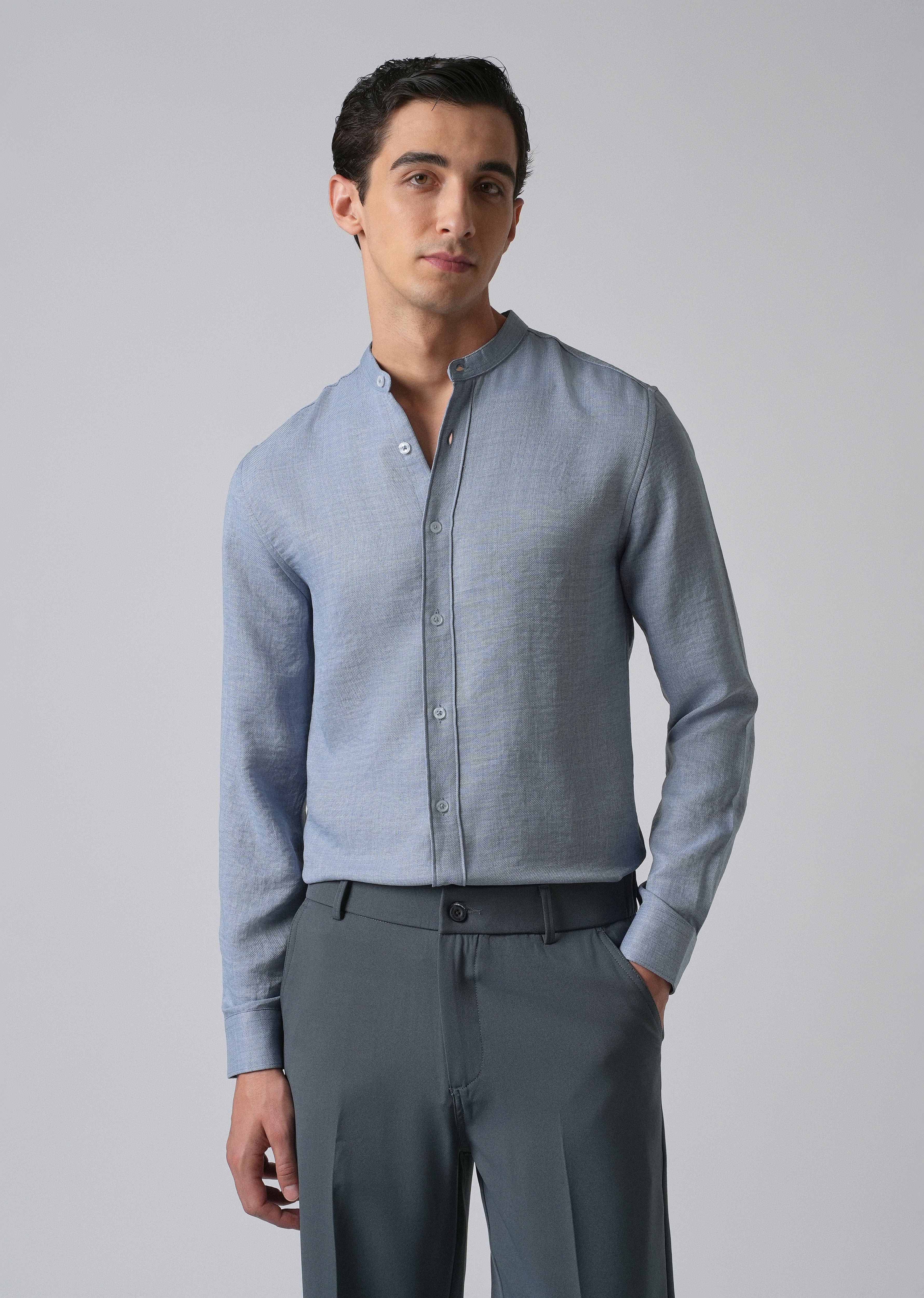 Blue Plain Mandarin Collar Shirt