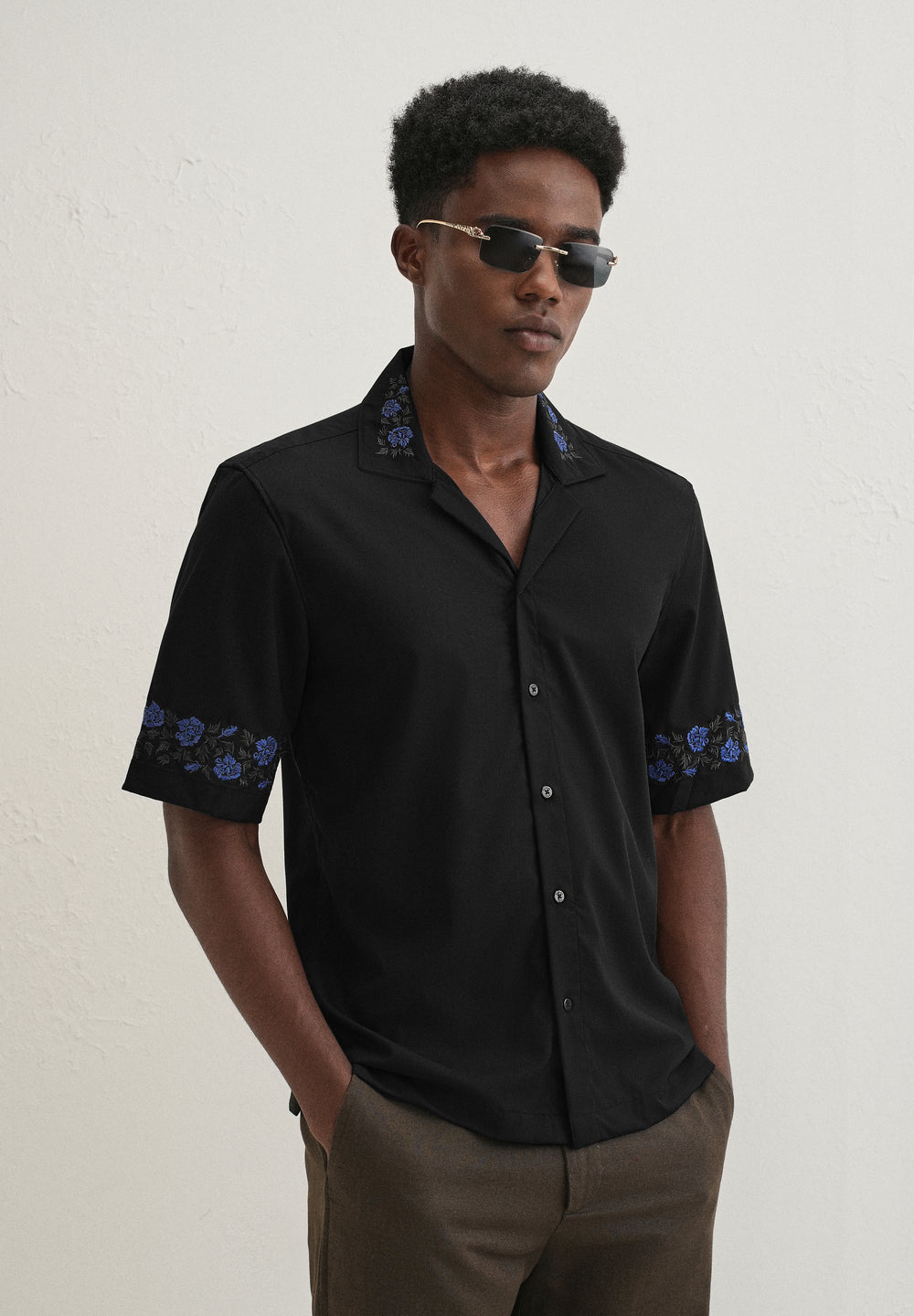 Blue Rose Embroidery Black Shirt