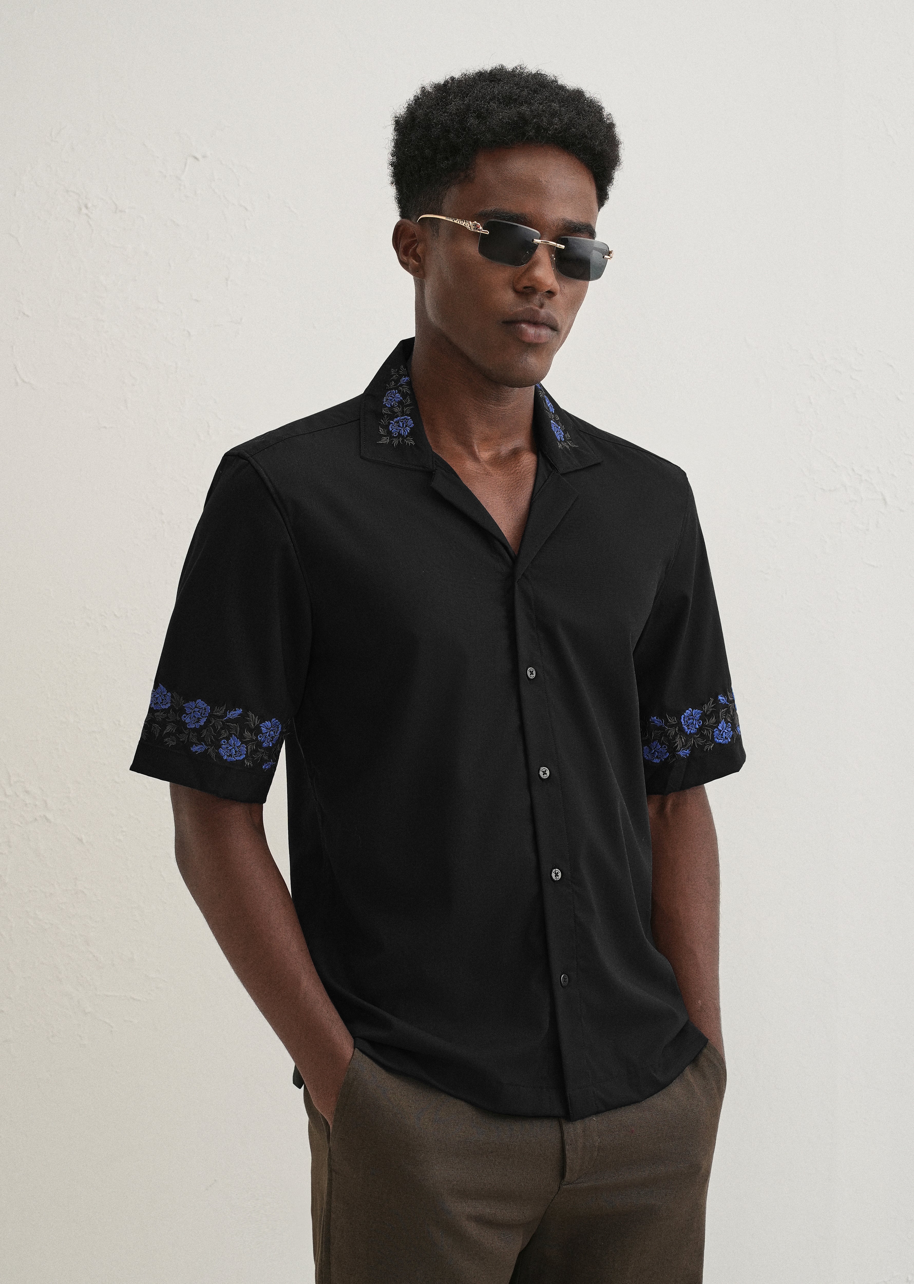 Blue Rose Embroidery Black Shirt