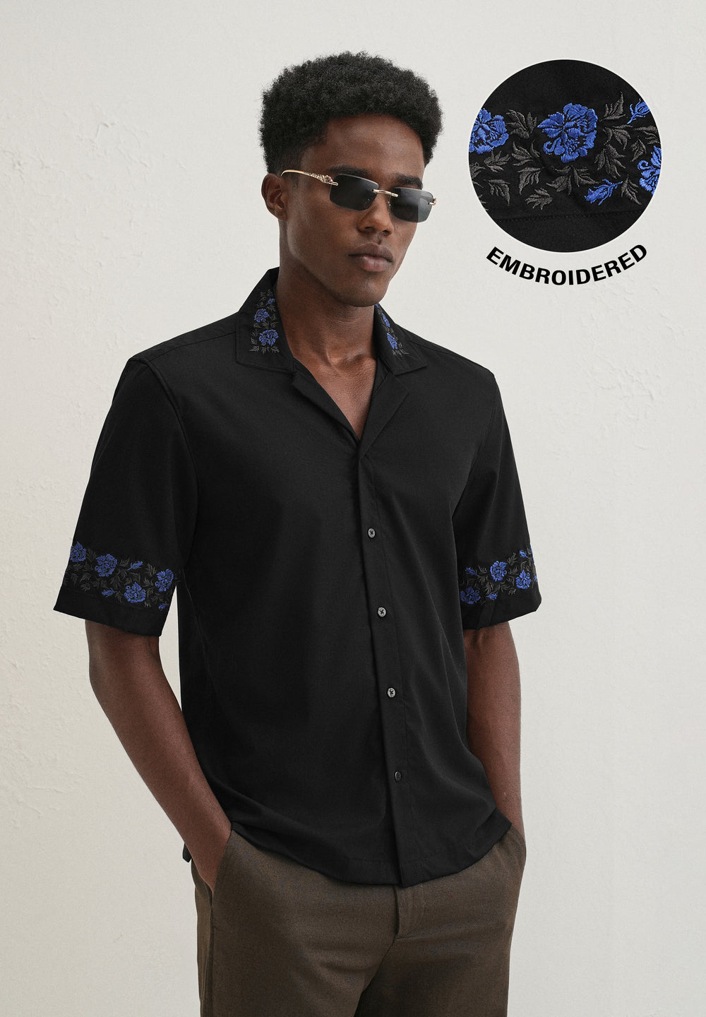 Blue Rose Embroidery Black Shirt