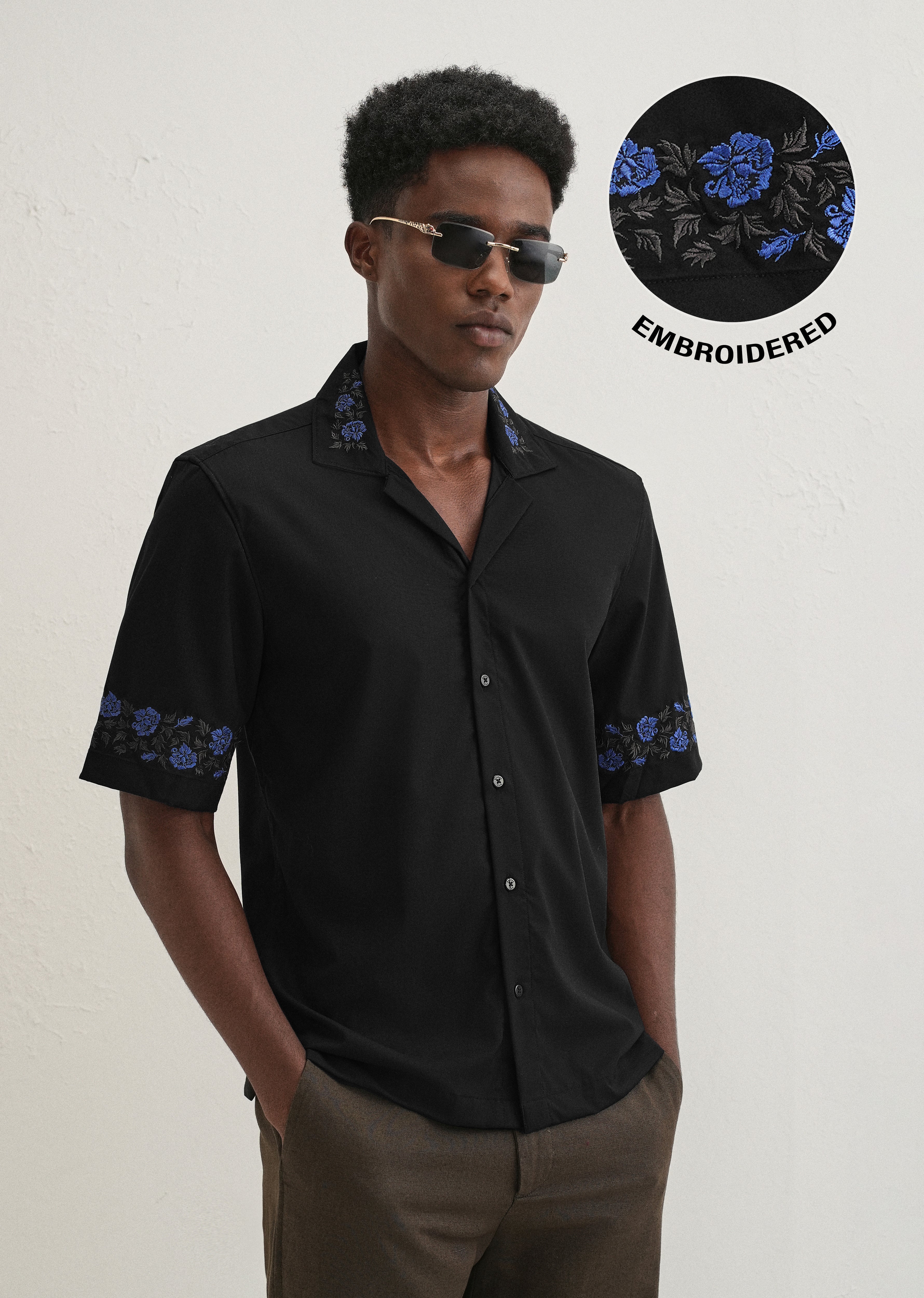 Blue Rose Embroidery Black Shirt