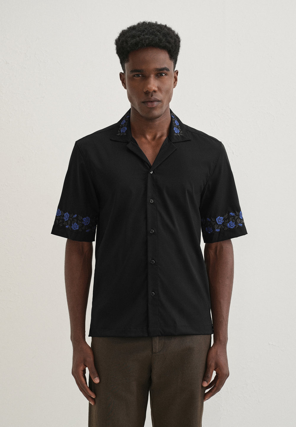 Blue Rose Embroidery Black Shirt