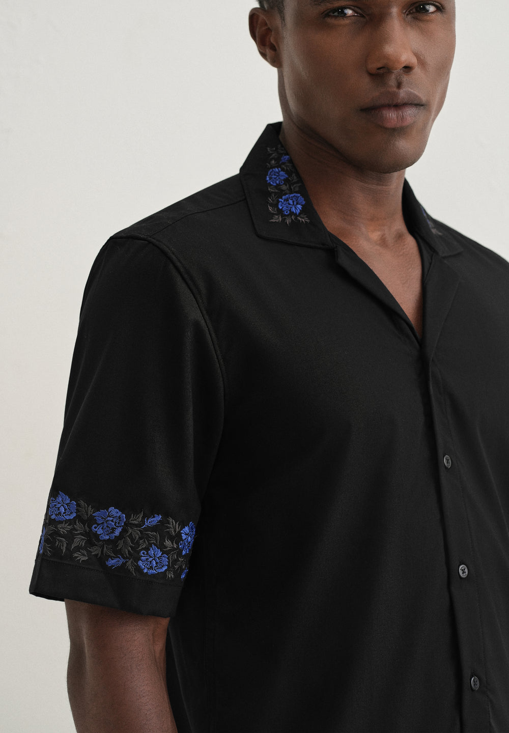 Blue Rose Embroidery Black Shirt
