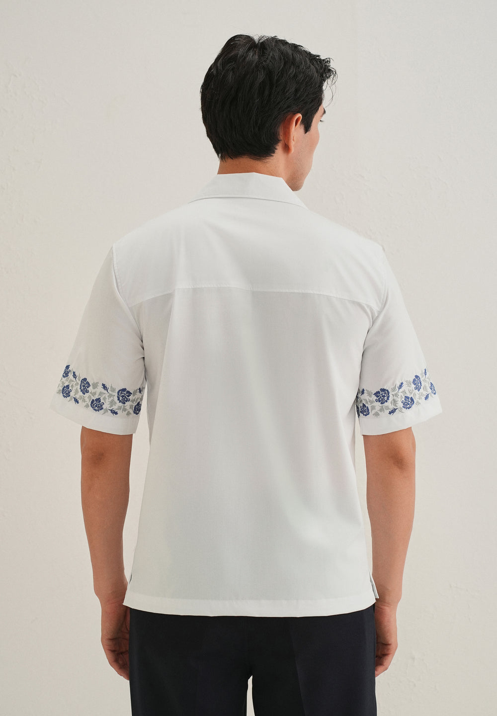 Blue Rose Embroidery White Shirt