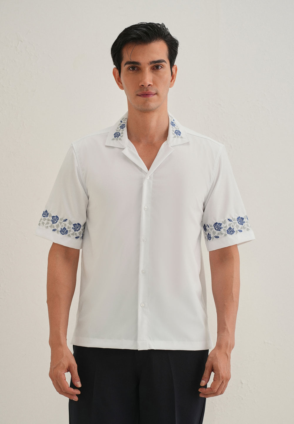 Blue Rose Embroidery White Shirt