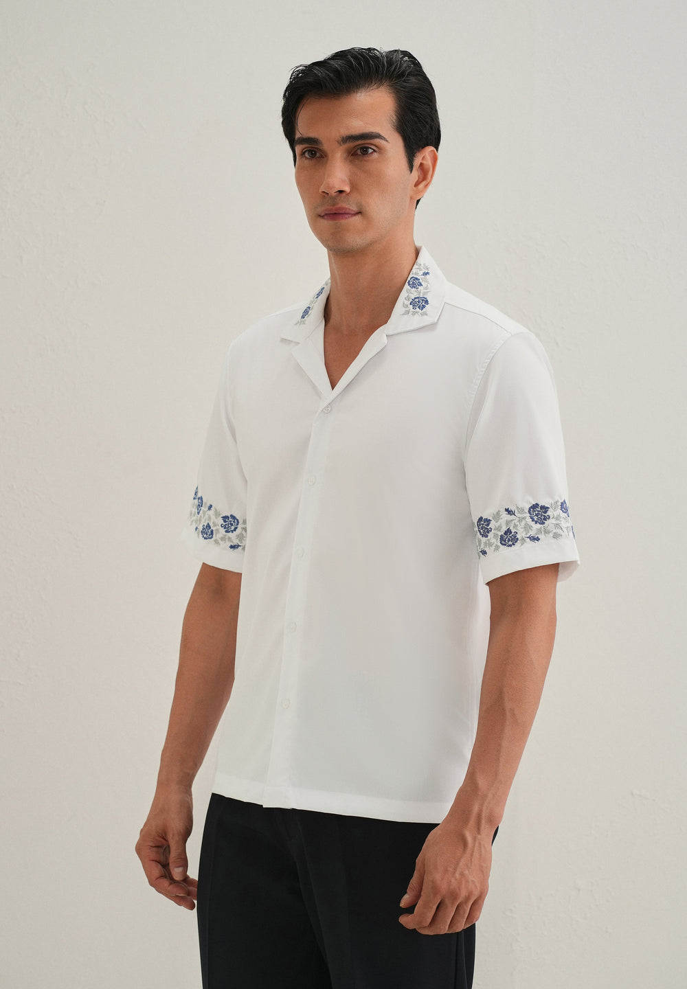 Blue Rose Embroidery White Shirt