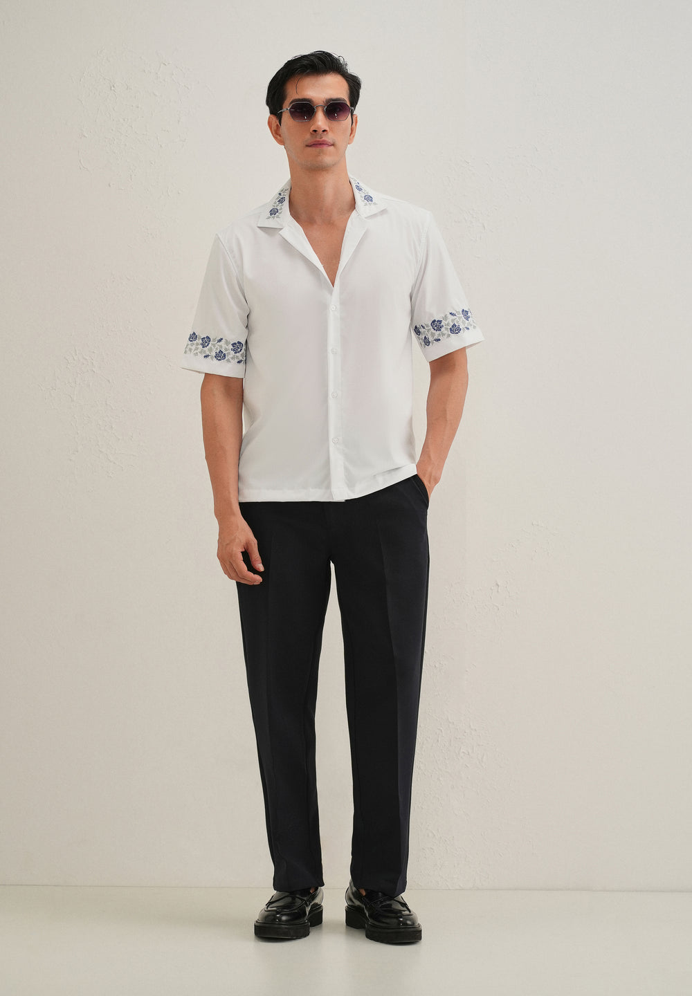 Blue Rose Embroidery White Shirt