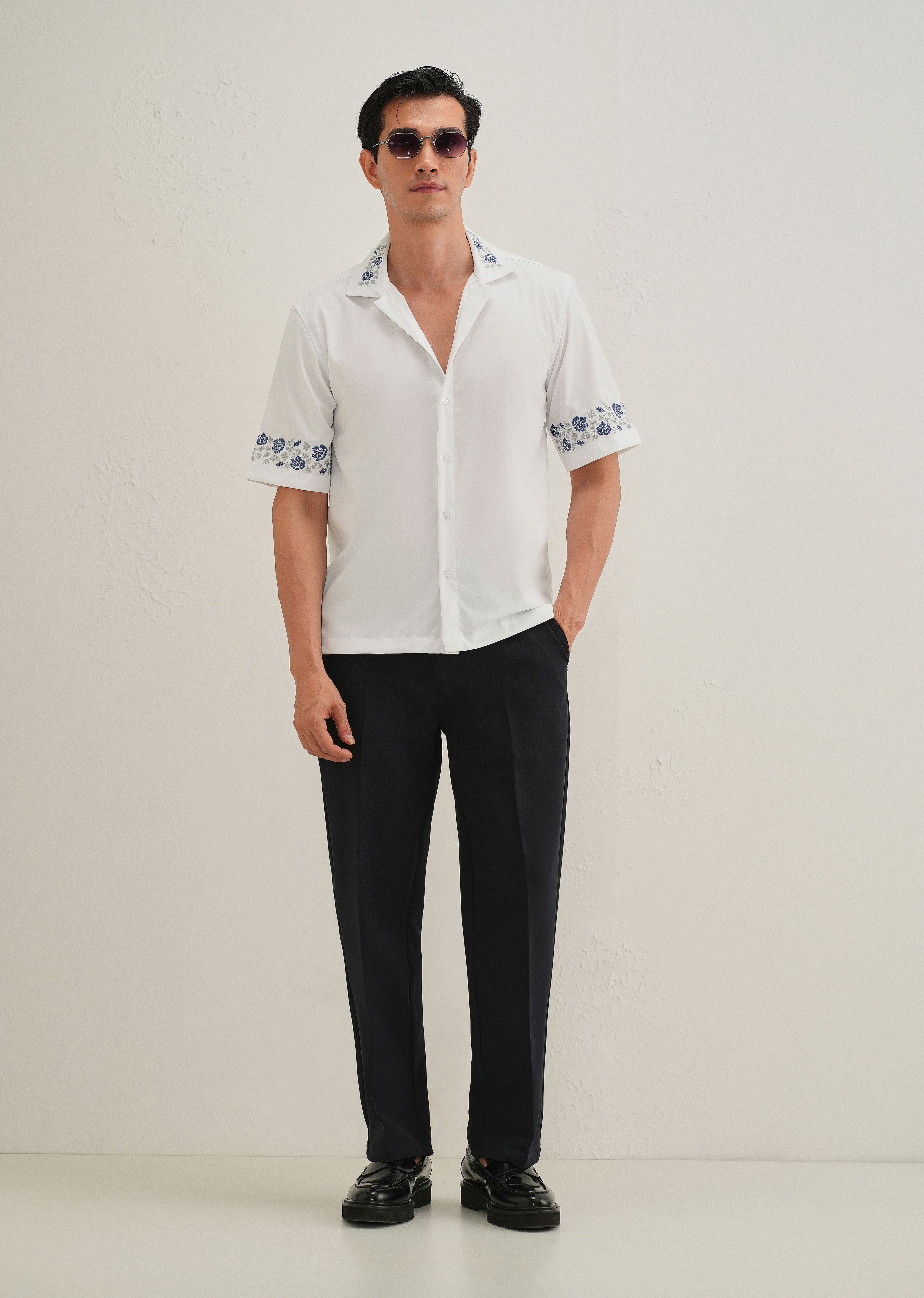 Blue Rose Embroidery White Shirt