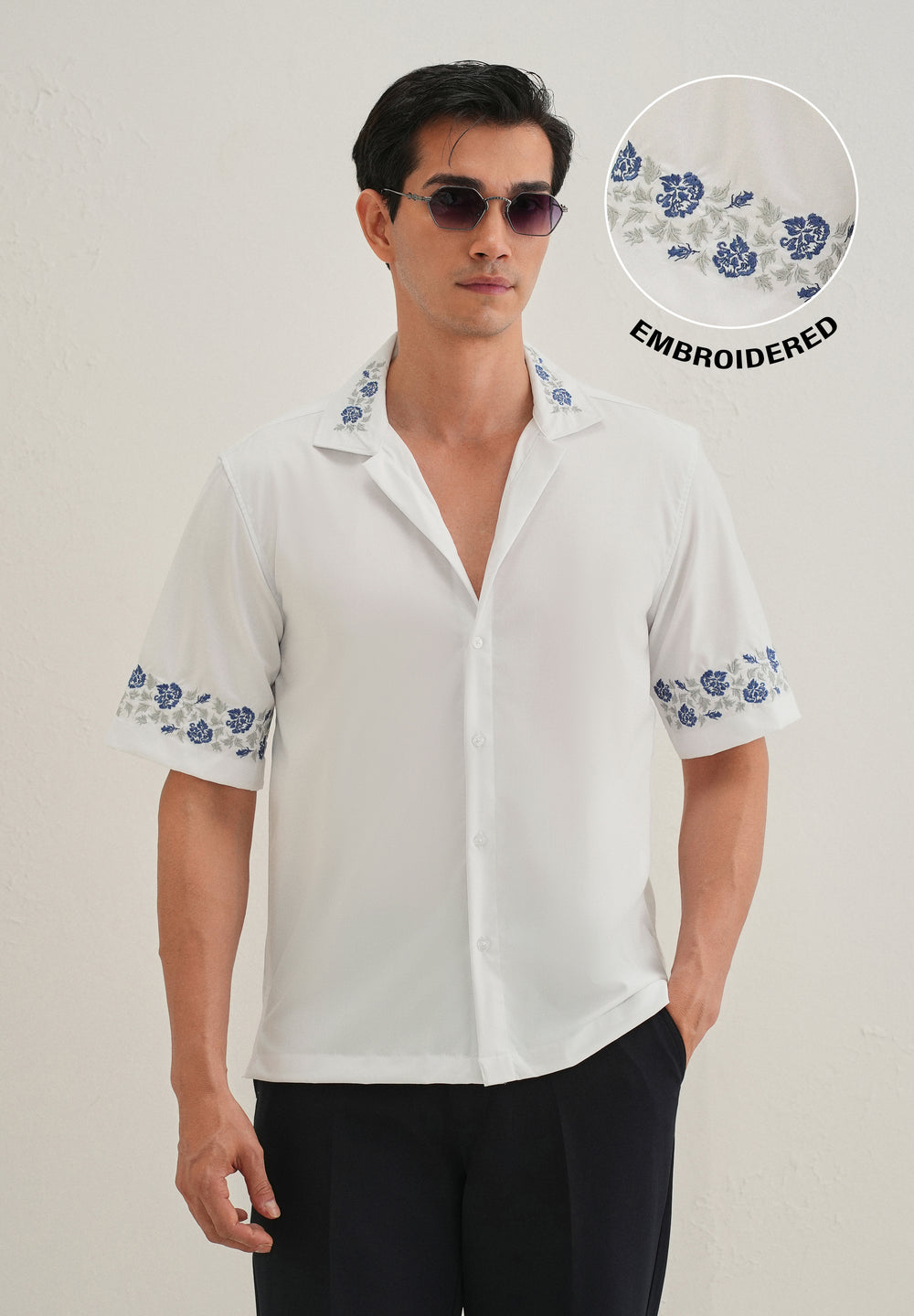 Blue Rose Embroidery White Shirt