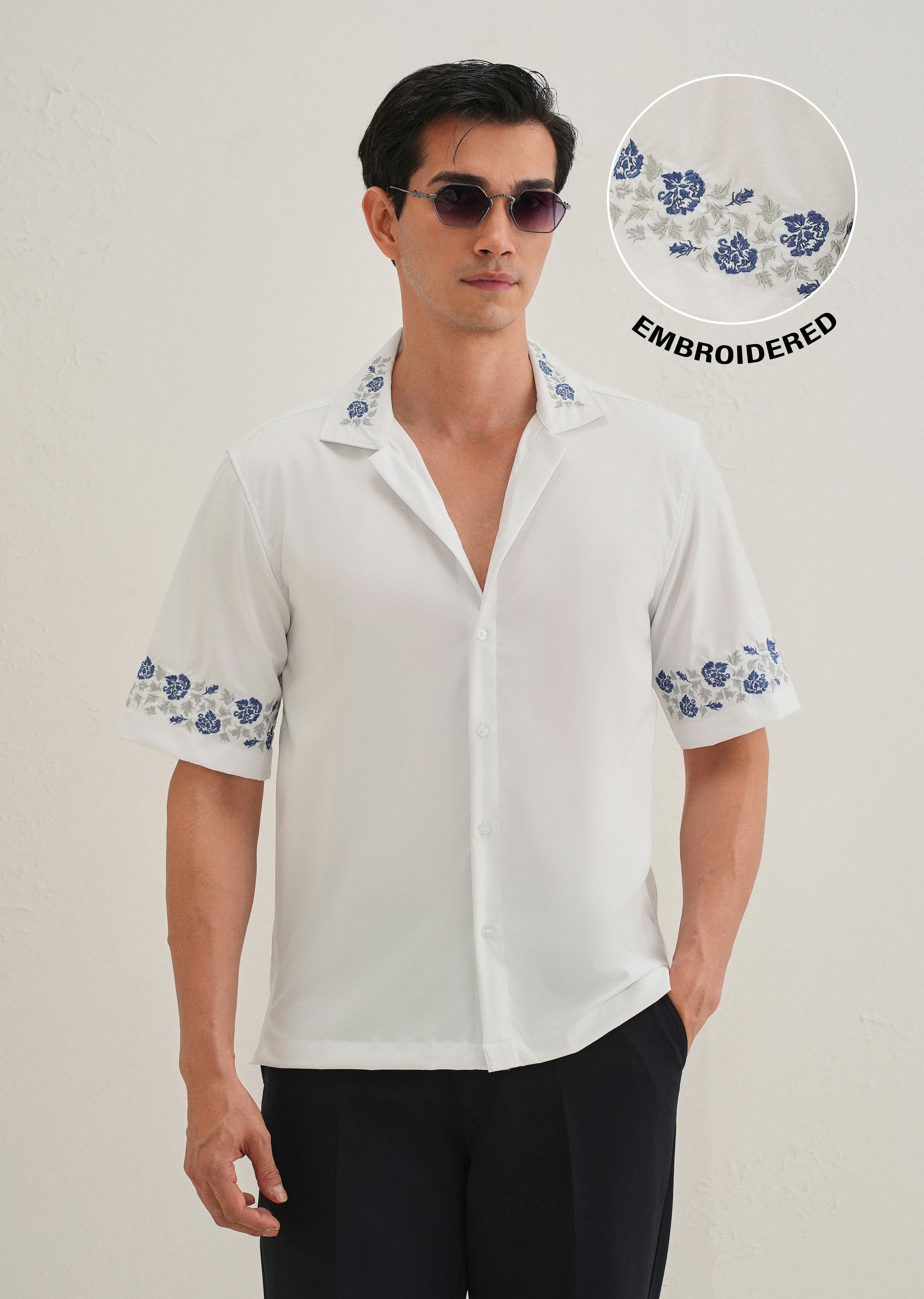 Blue Rose Embroidery White Shirt