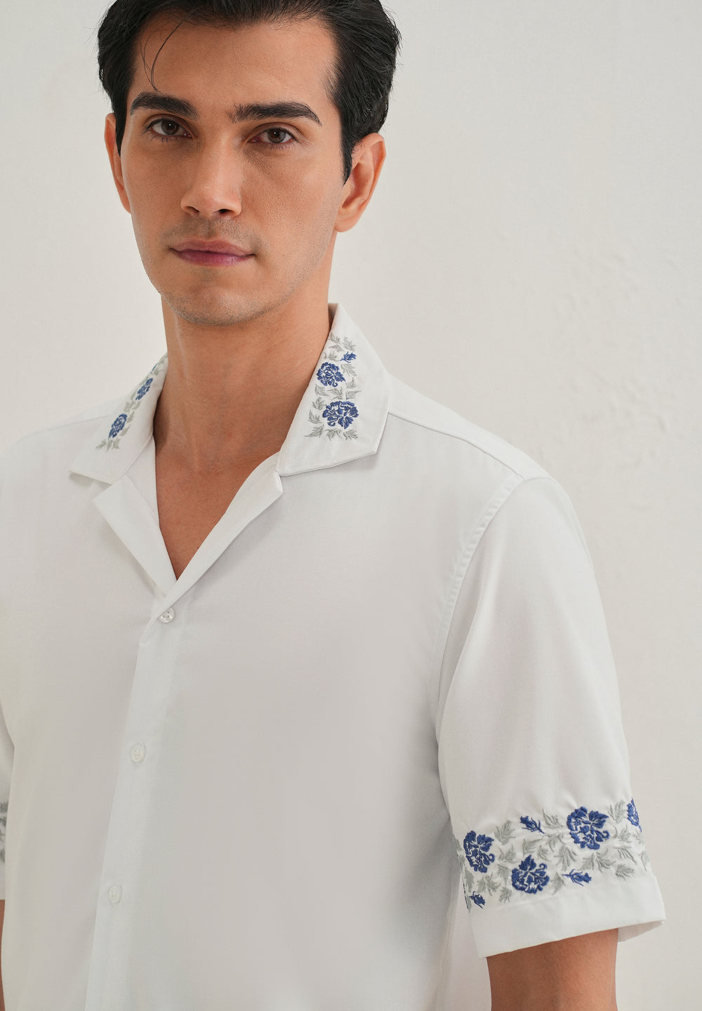 Blue Rose Embroidery White Shirt