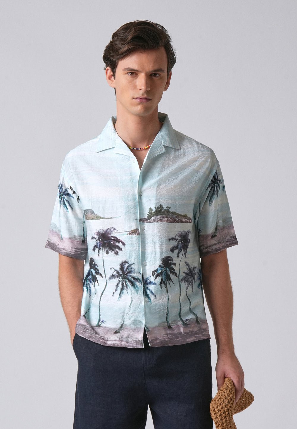Blue Tropical Palm Print Shirt