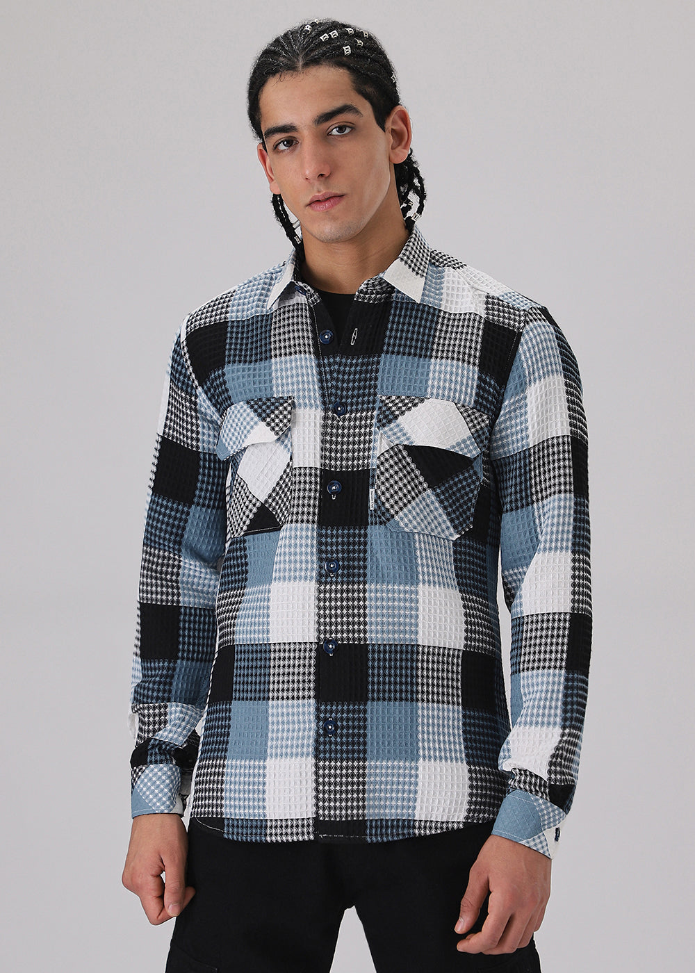 Blue Waffle Plaid Check Shirt