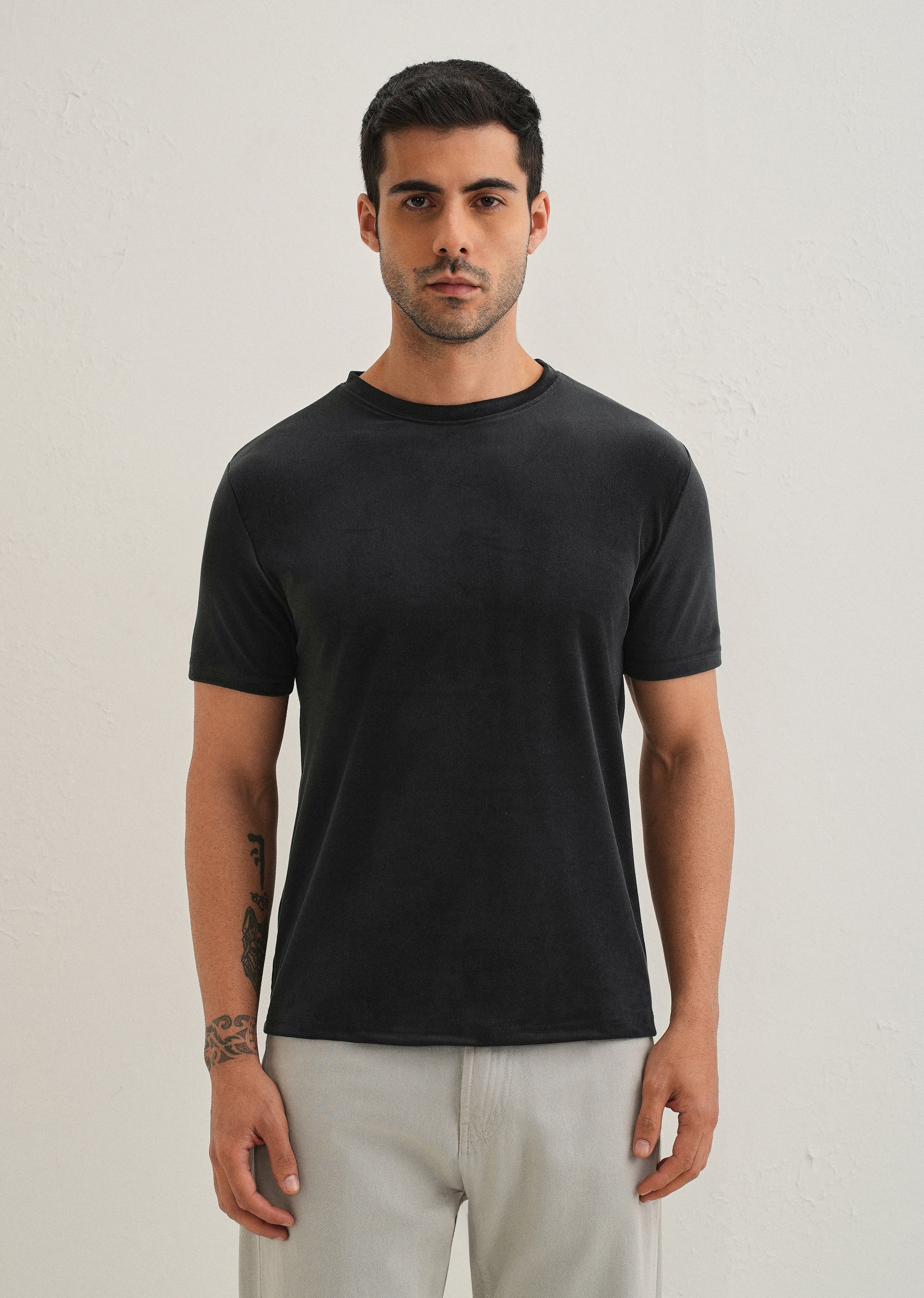 Bold Black Plain Suede T-shirt