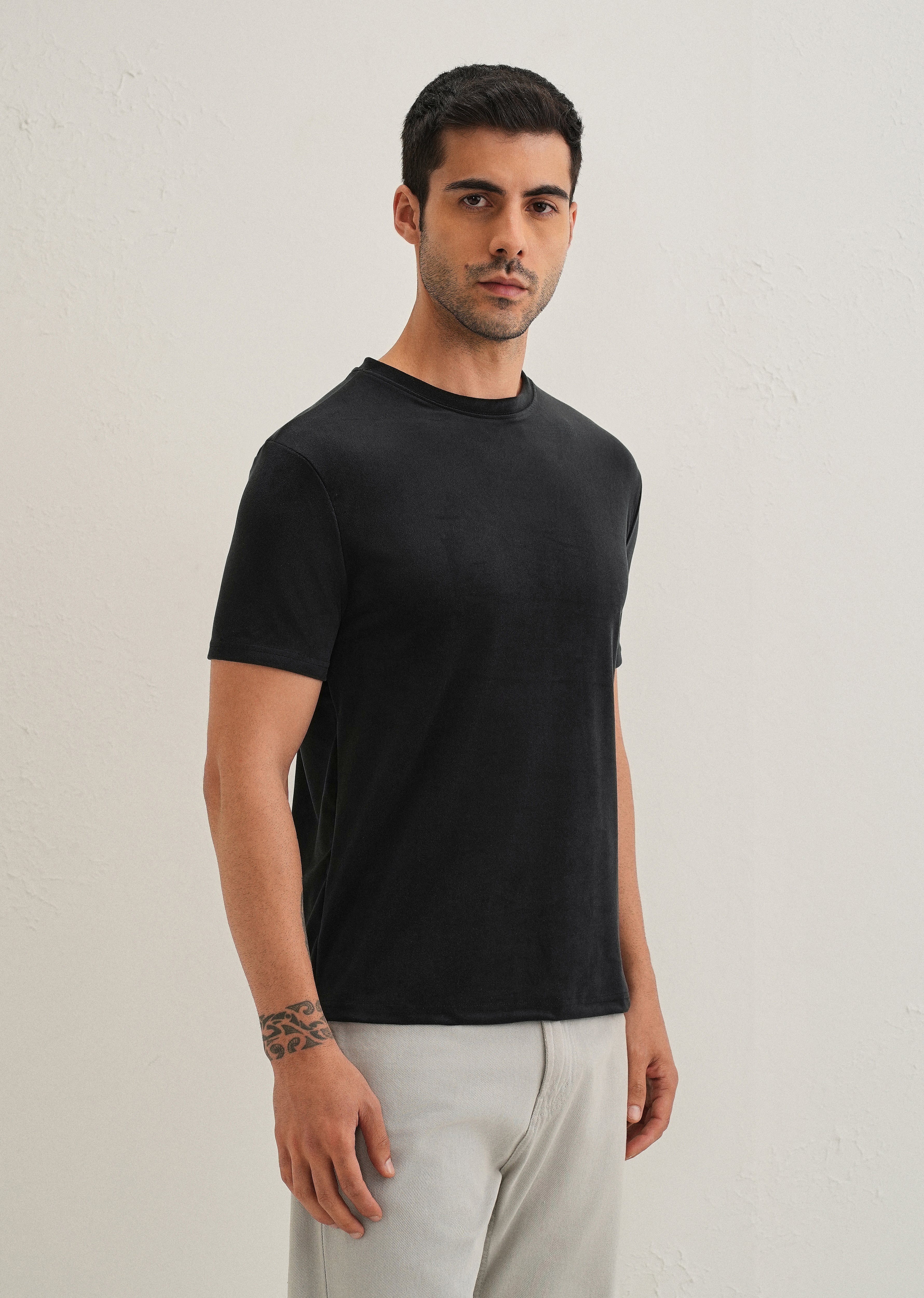 Bold Black Plain Suede T-shirt