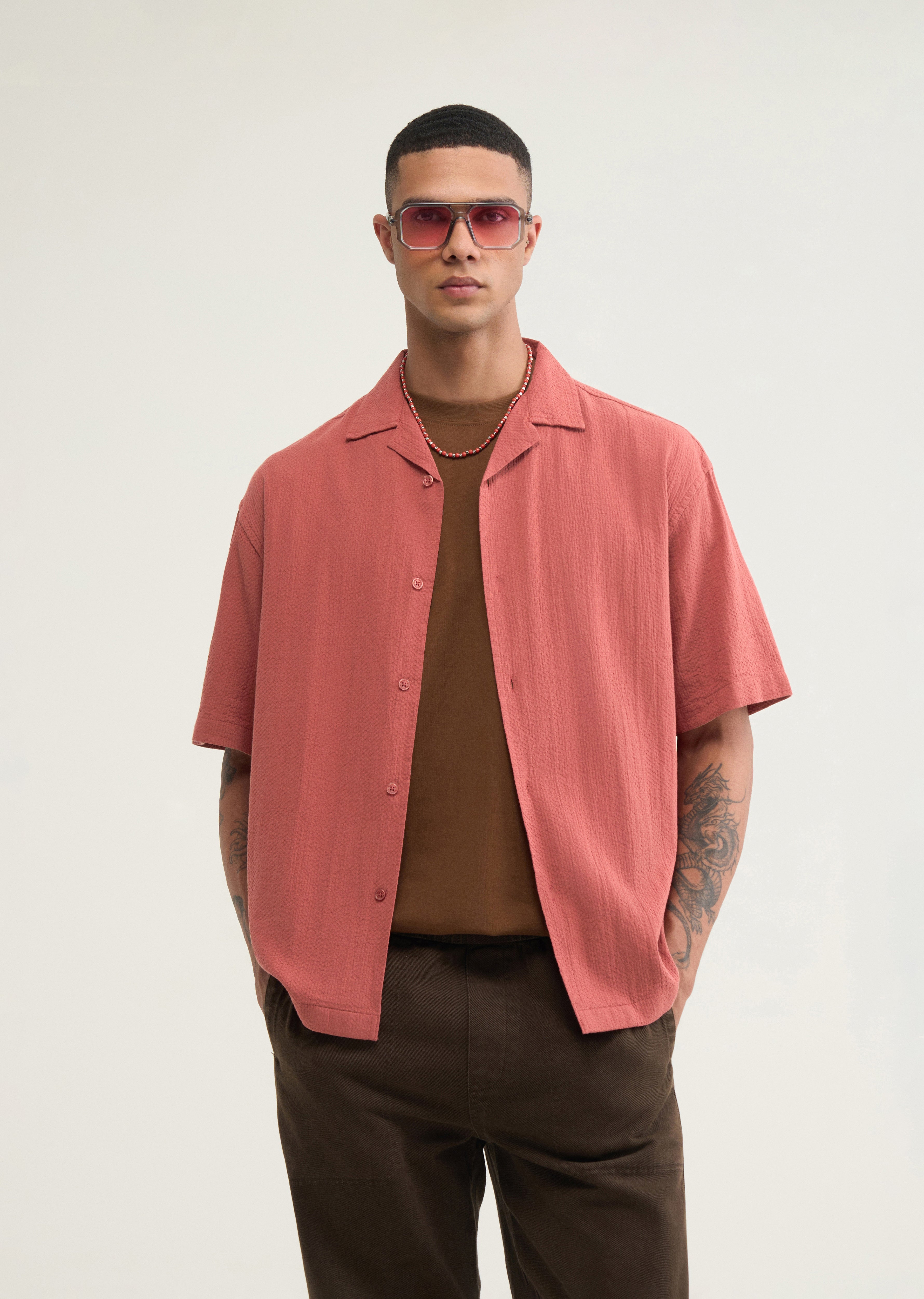 Brick Red Self Patterned Boxy Shirt