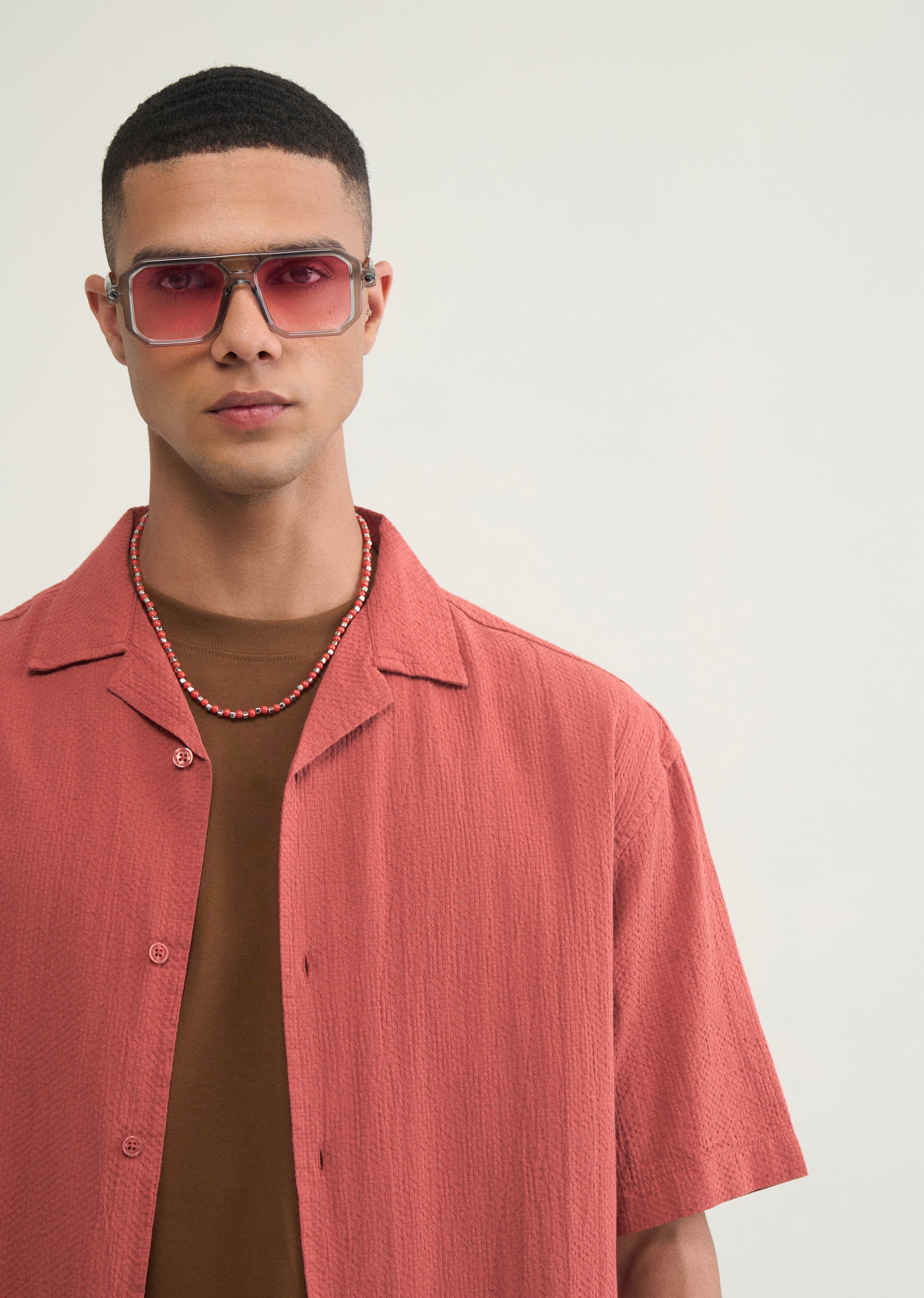 Brick Red Self Patterned Boxy Shirt