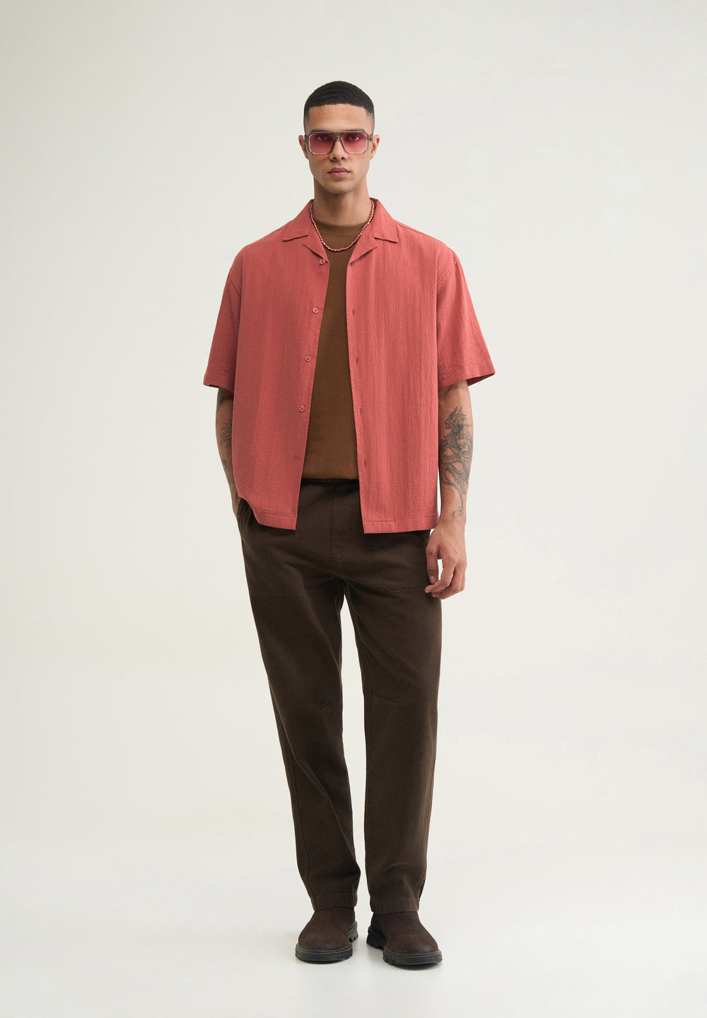 Brick Red Self Patterned Boxy Shirt