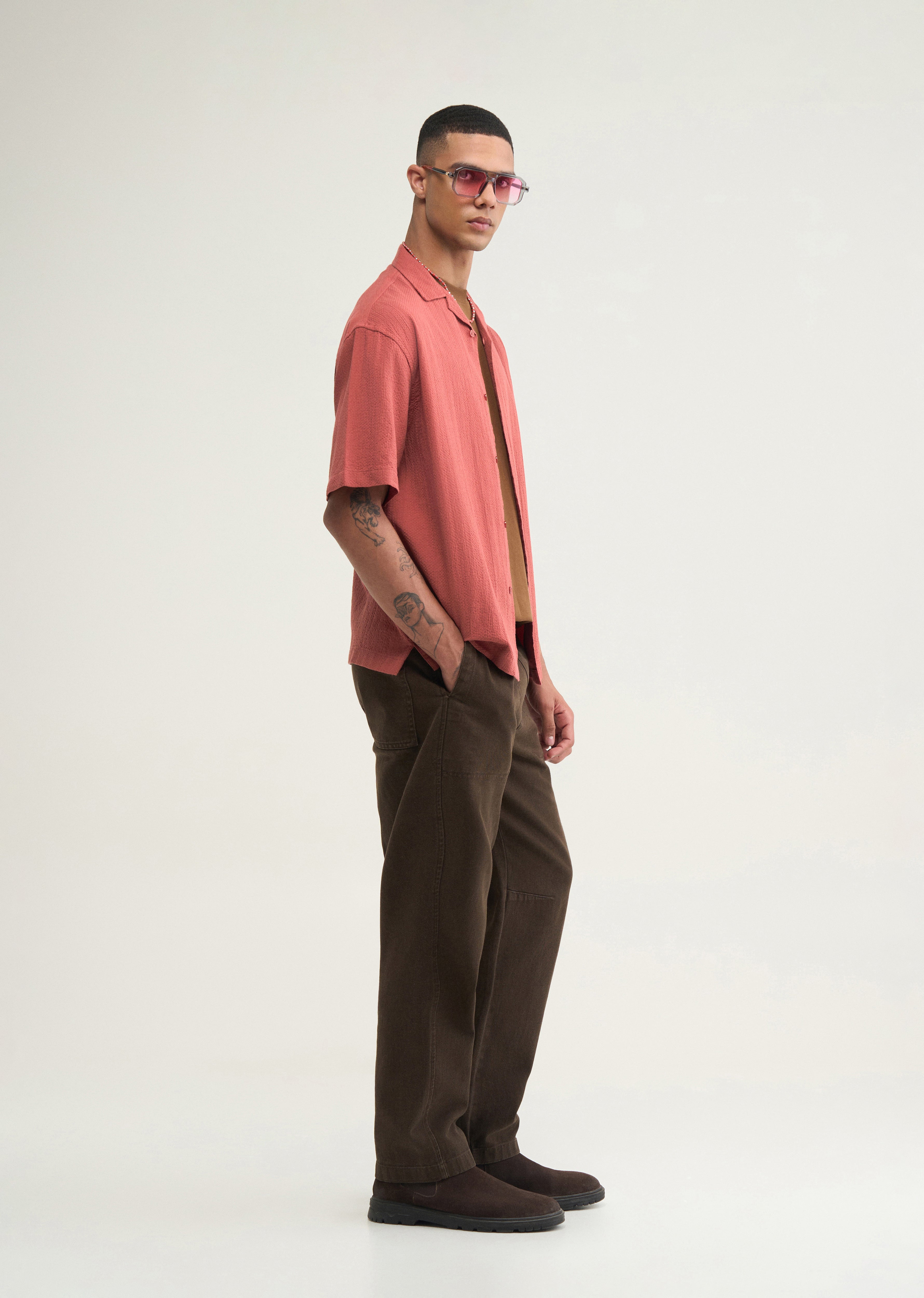 Brick Red Self Patterned Boxy Shirt
