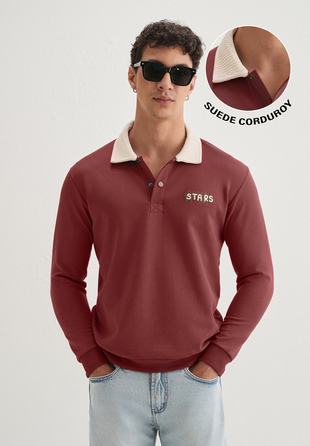 Brick Red Suede Collared Polo Sweatshirt