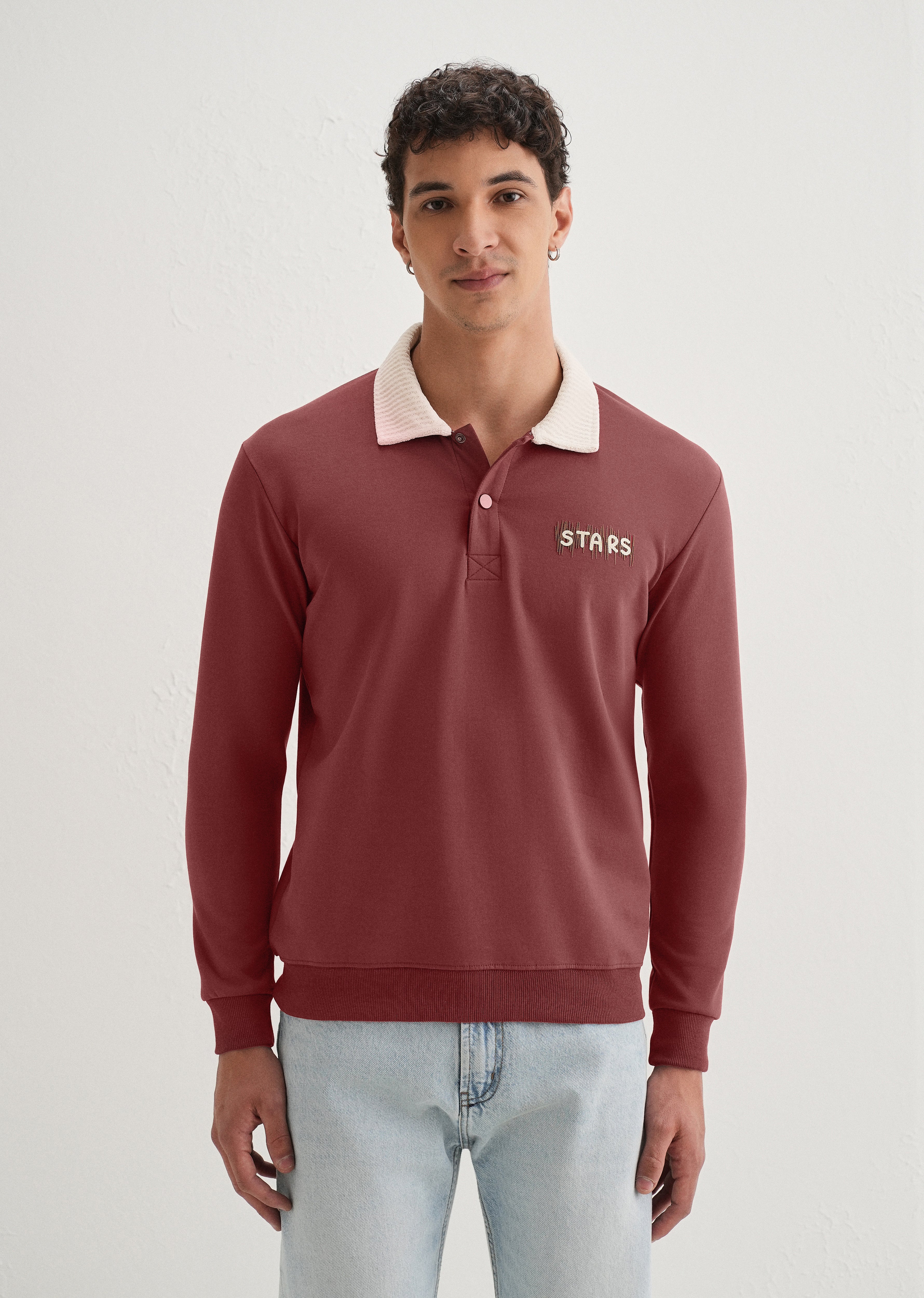 Brick Red Suede Collared Polo Sweatshirt