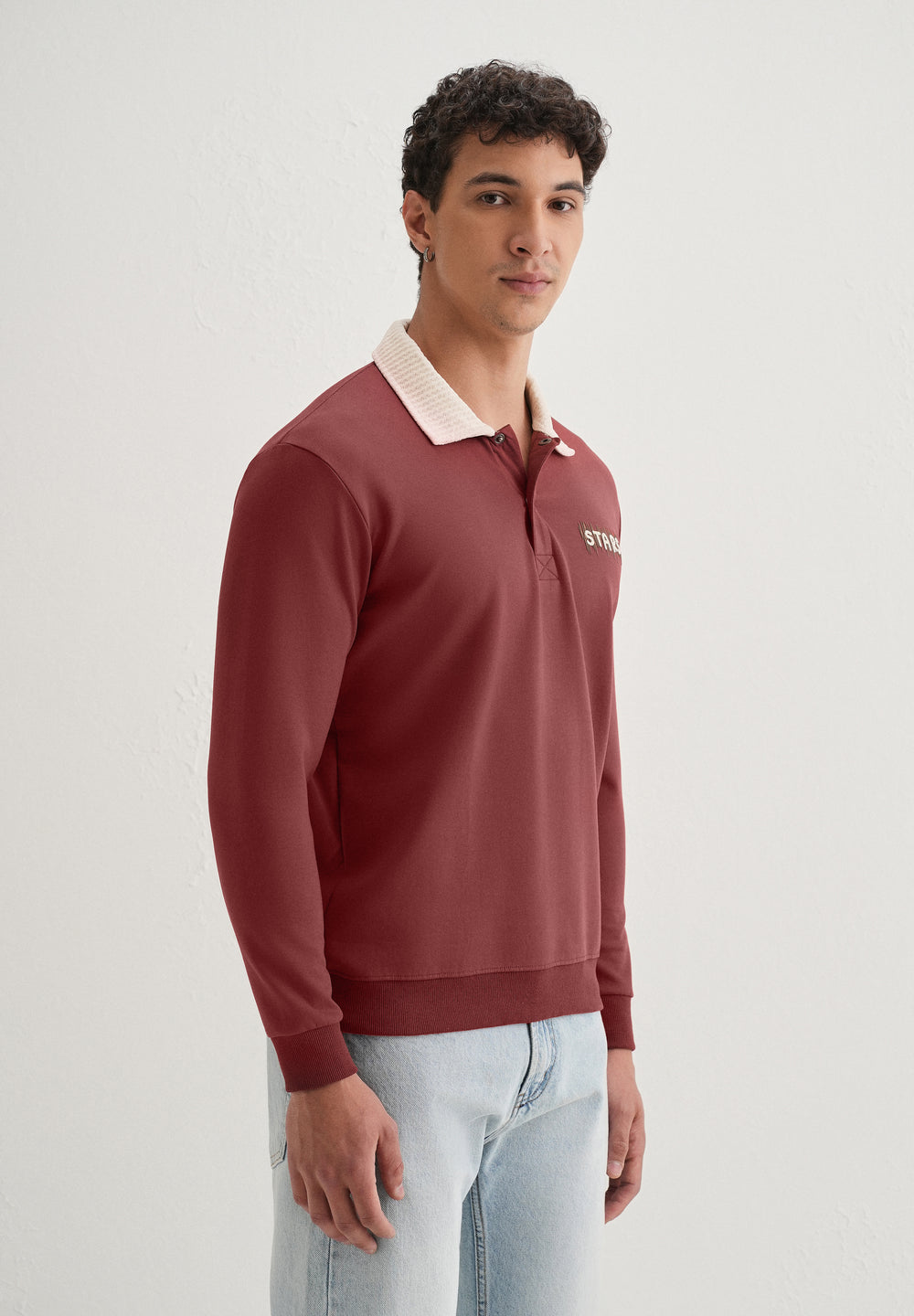 Brick Red Suede Collared Polo Sweatshirt