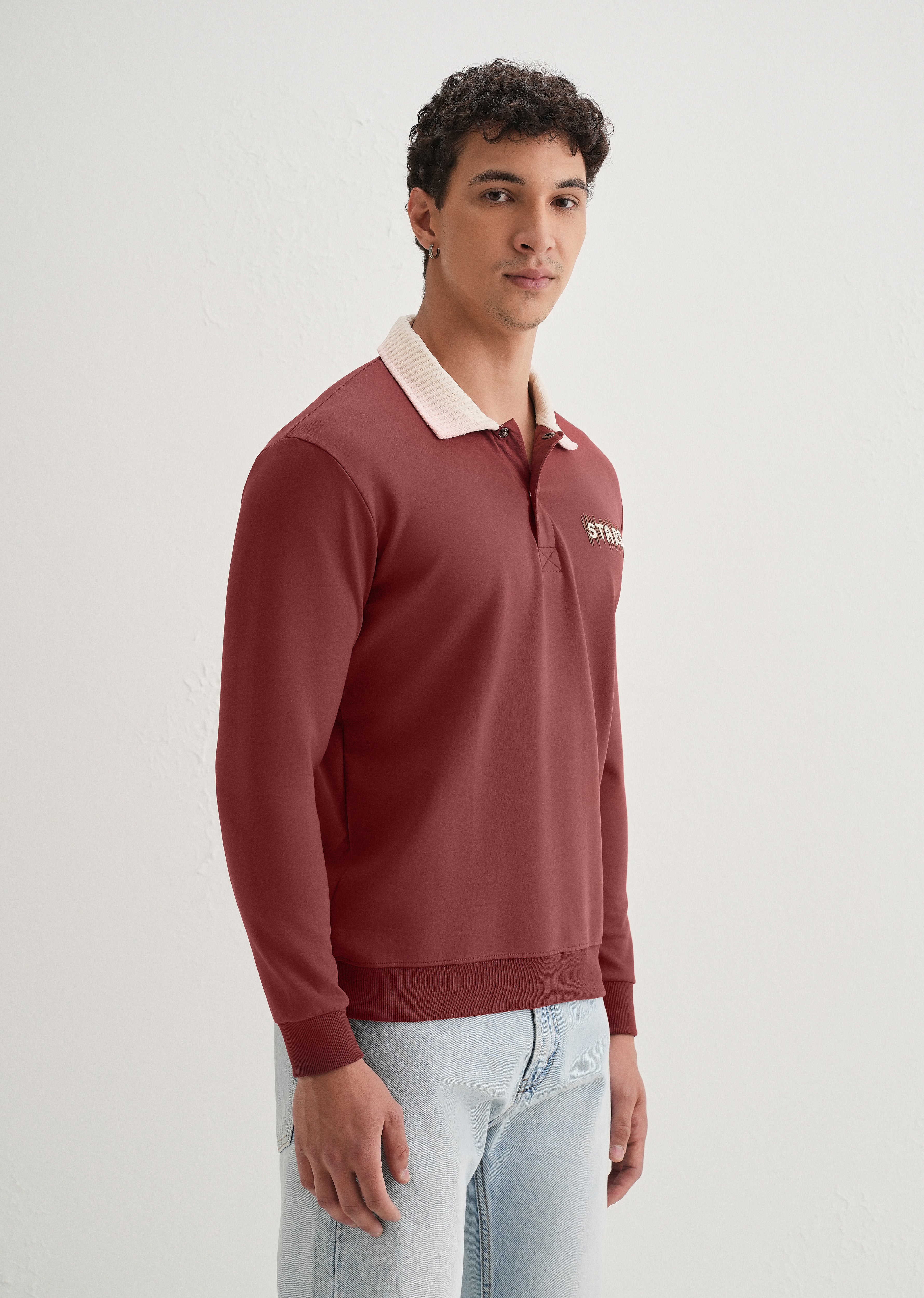 Brick Red Suede Collared Polo Sweatshirt