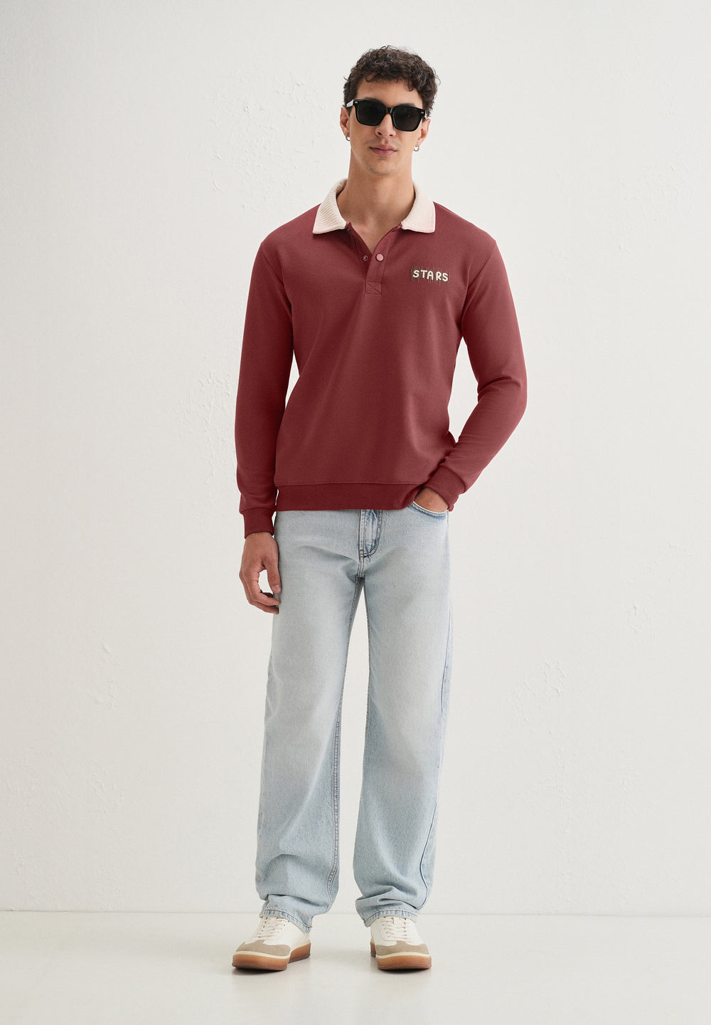 Brick Red Suede Collared Polo Sweatshirt
