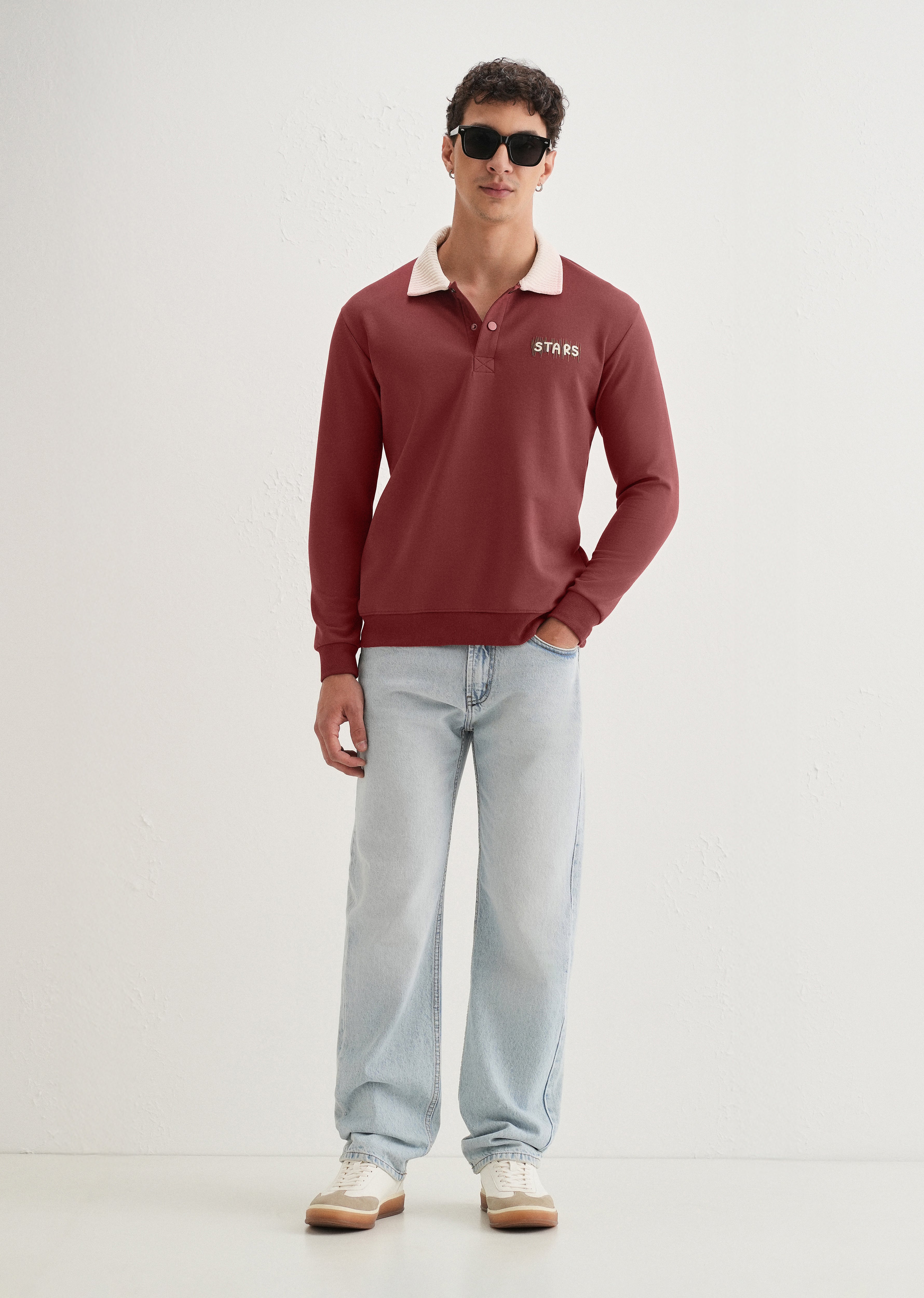 Brick Red Suede Collared Polo Sweatshirt