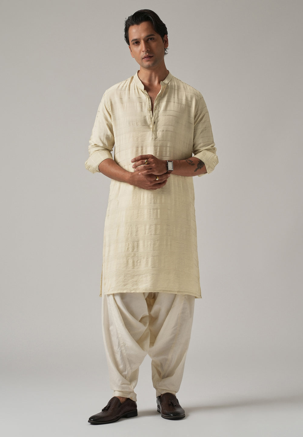 Bright Cream Nylon Stripe Kurta