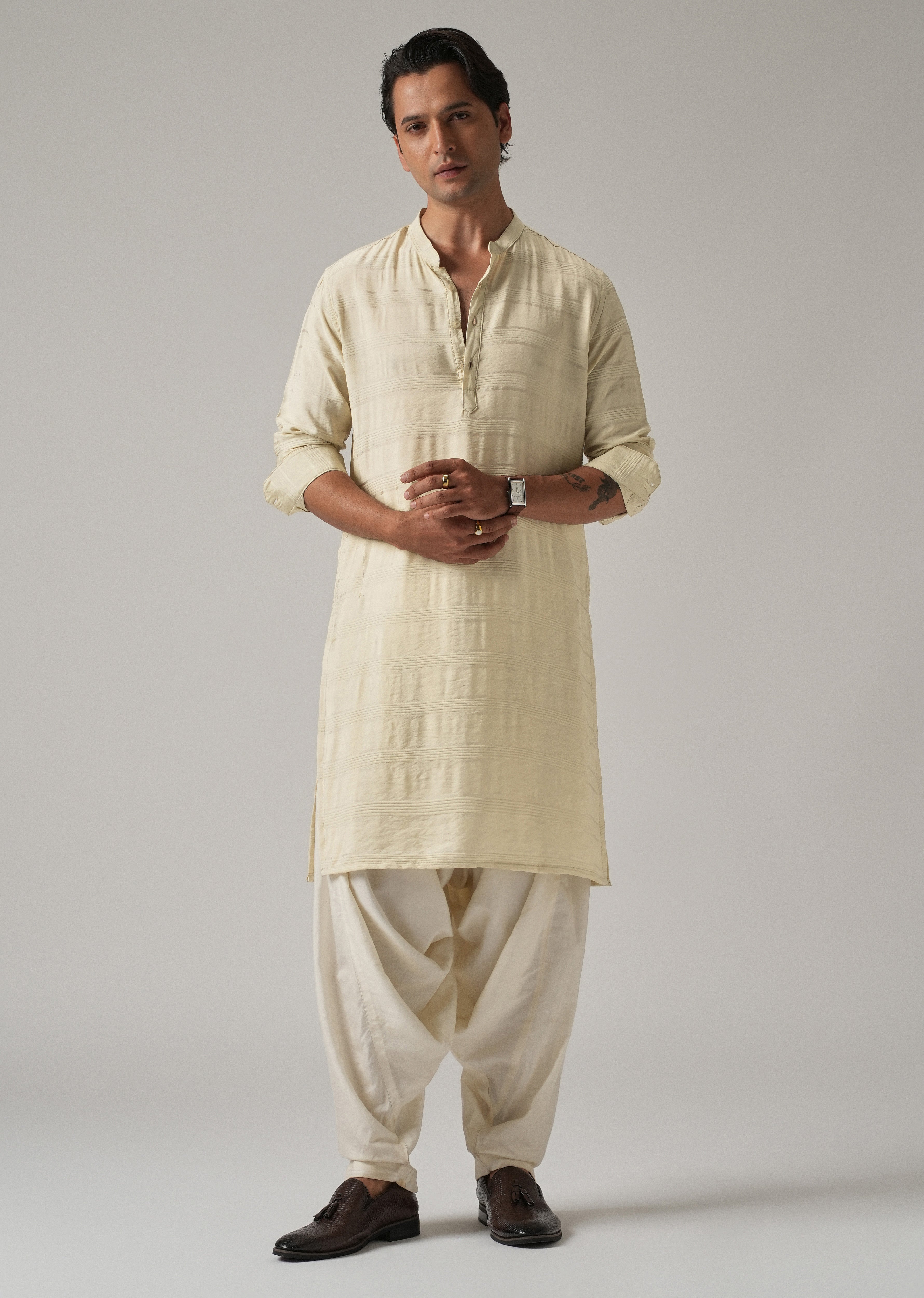 Bright Cream Nylon Stripe Kurta