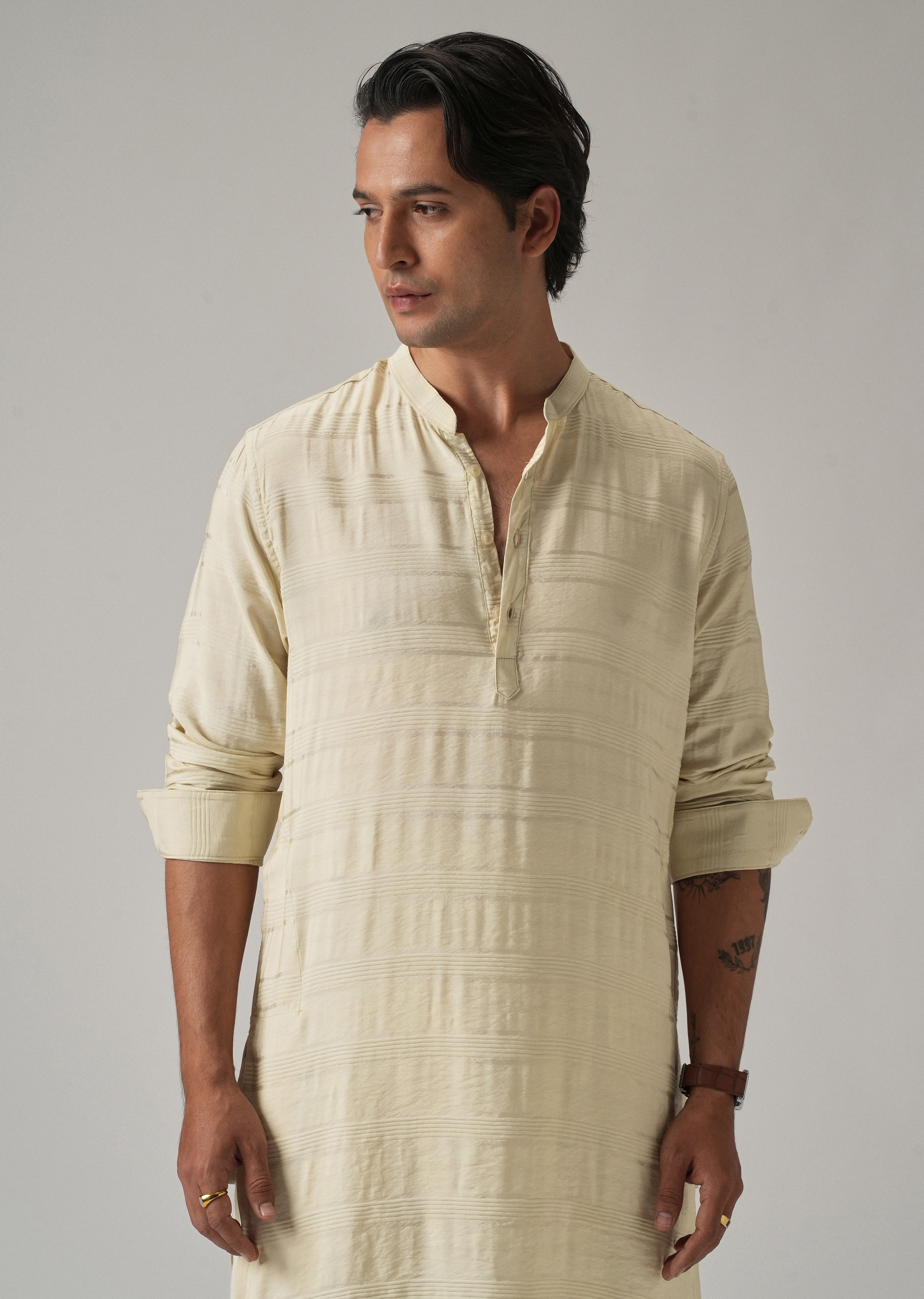 Bright Cream Nylon Stripe Kurta