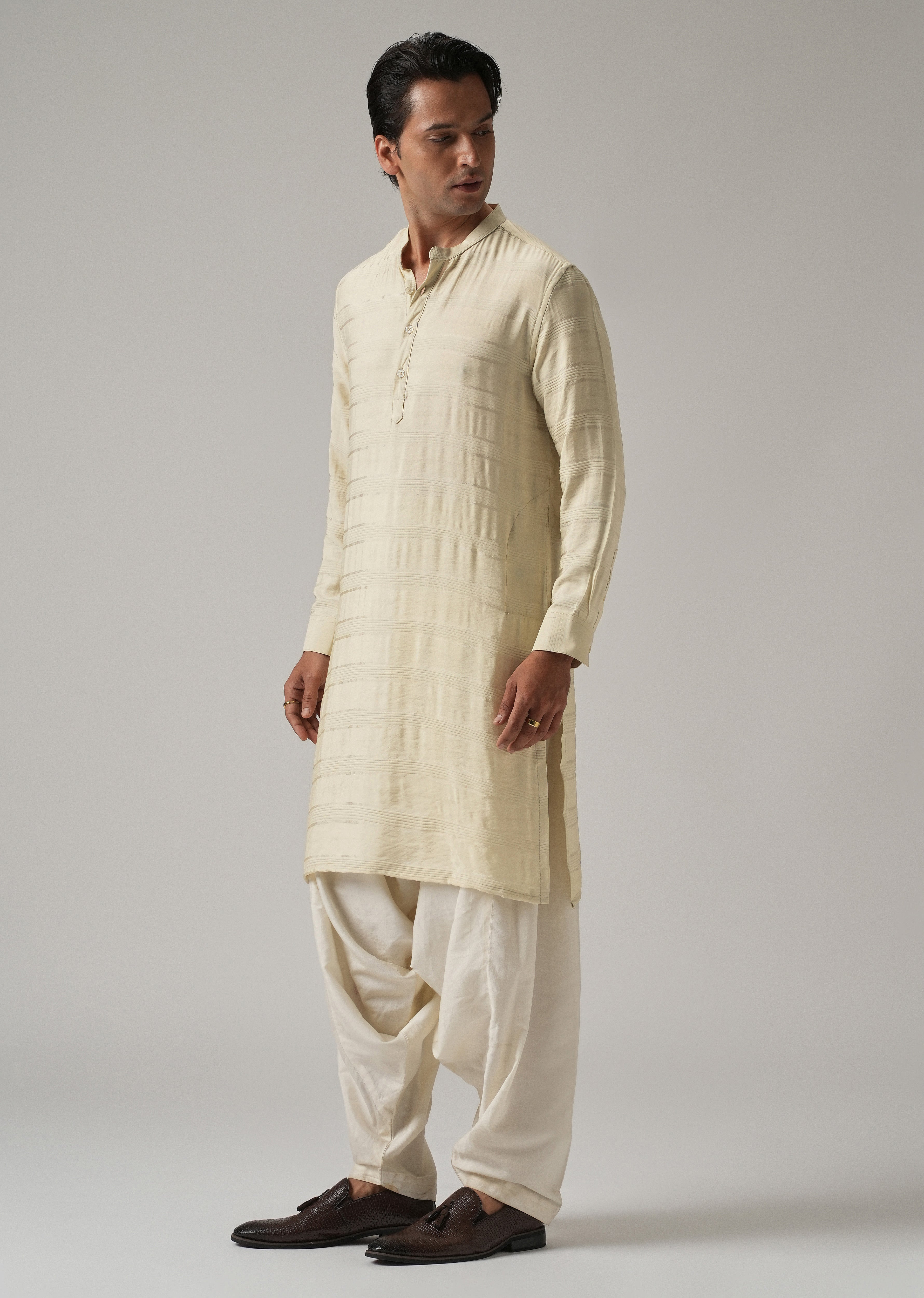 Bright Cream Nylon Stripe Kurta