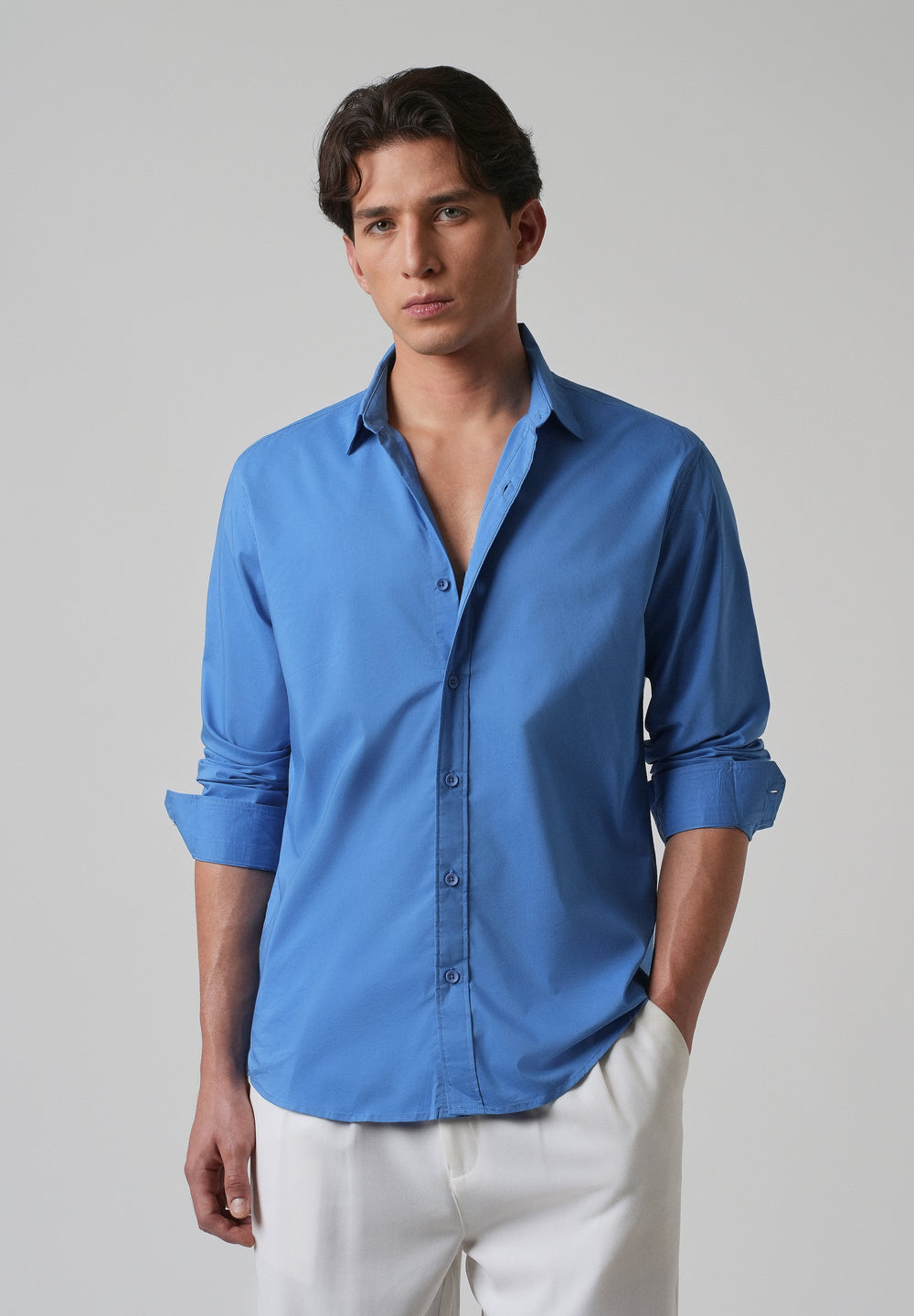 Bright Blue Plain Blended Cotton Shirt